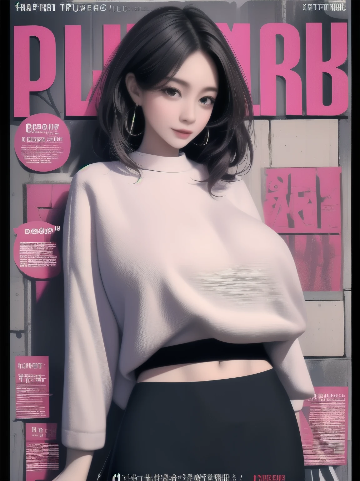magazine cover, Beauty: Stunning beauty graces the cover of this month's magazine, busty mature woman, mini skirt fashion, upper body shot, huge breasts, giga_busty, black title text, magazine cover,