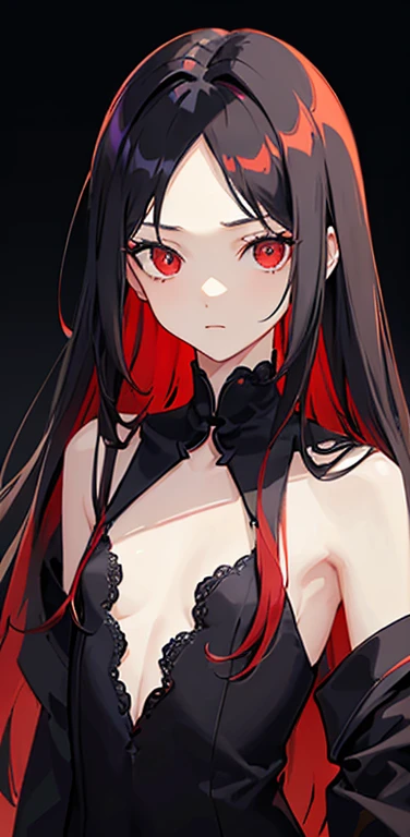 (8K、highest quality、masterpiece:1.2)、anime coloring、super resolution、Realistic、(1girl) 、(black hair to red hair gradient hair,long straight hair:1.5)、(open stance),(red eye,glowing eyes:1.3),(volumey:1.5,forehead:1.5),(portlate:1.3、face focus,upper body:1.5),(lace Dress with open chest: 1.3)
、(clear face:1.3),(cute face),(flat chest:1.2),gradient background、(slender:1.3)