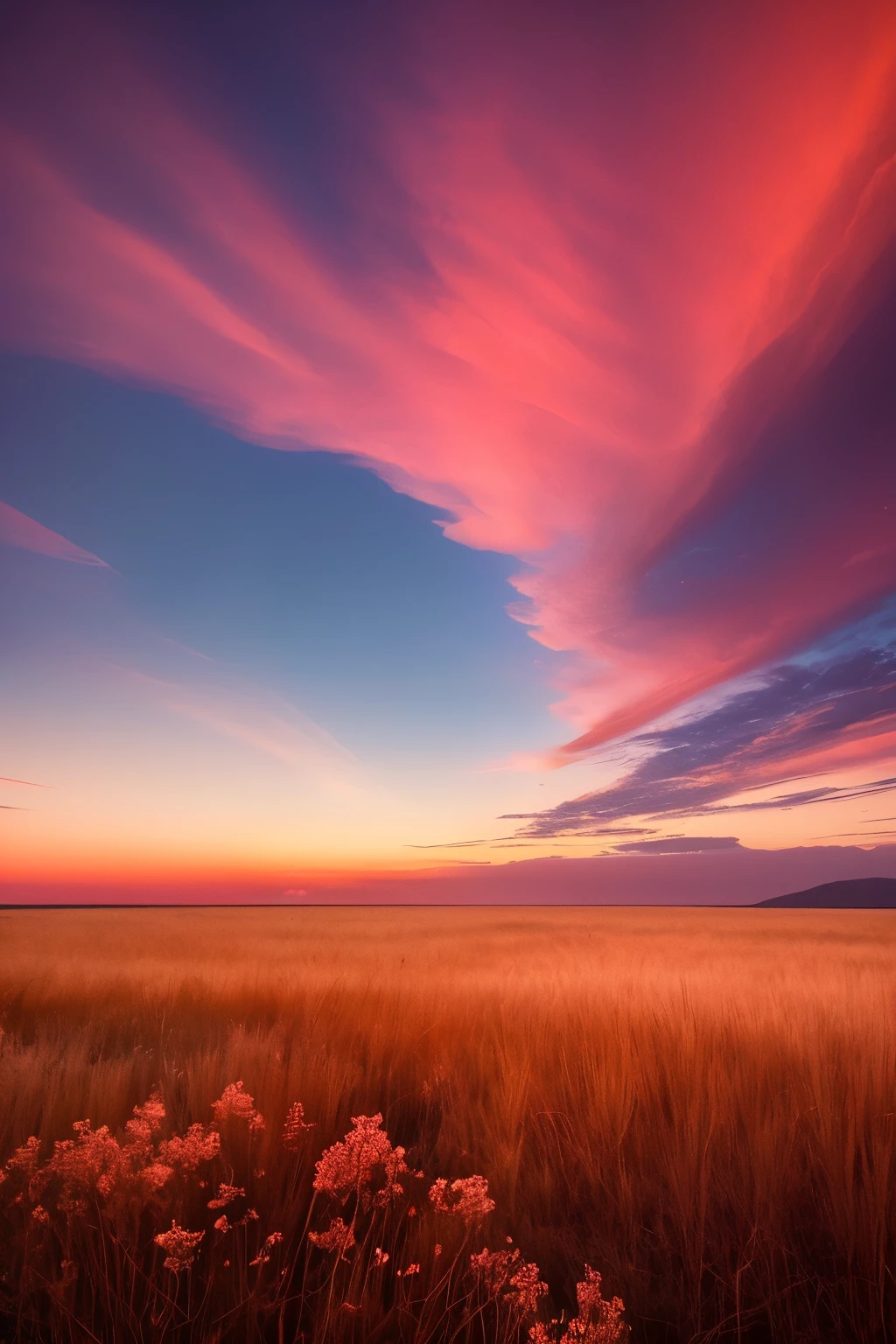 Masterpiece of a late afternoon landscape, ultimate quality, CG unity 8k wallpaper, super delicate, beautiful red sky and sunset tones, spreading across the horizon in a breaththtaking display. It's as if the sun is bidding farewell in a grand fashion, imbuing the scene with a sense of tranquility and serenity. The scene permits us to appreciate the beauty of nature and reflect on the day that has passed. This transient moment of ephemeral splendor reminds us of the fleeting nature of life and the importance of cherishing each precious moment. (Intricate details, dramatic presentation, dynamic angles, excellent contrast, true restoration, no trace of human