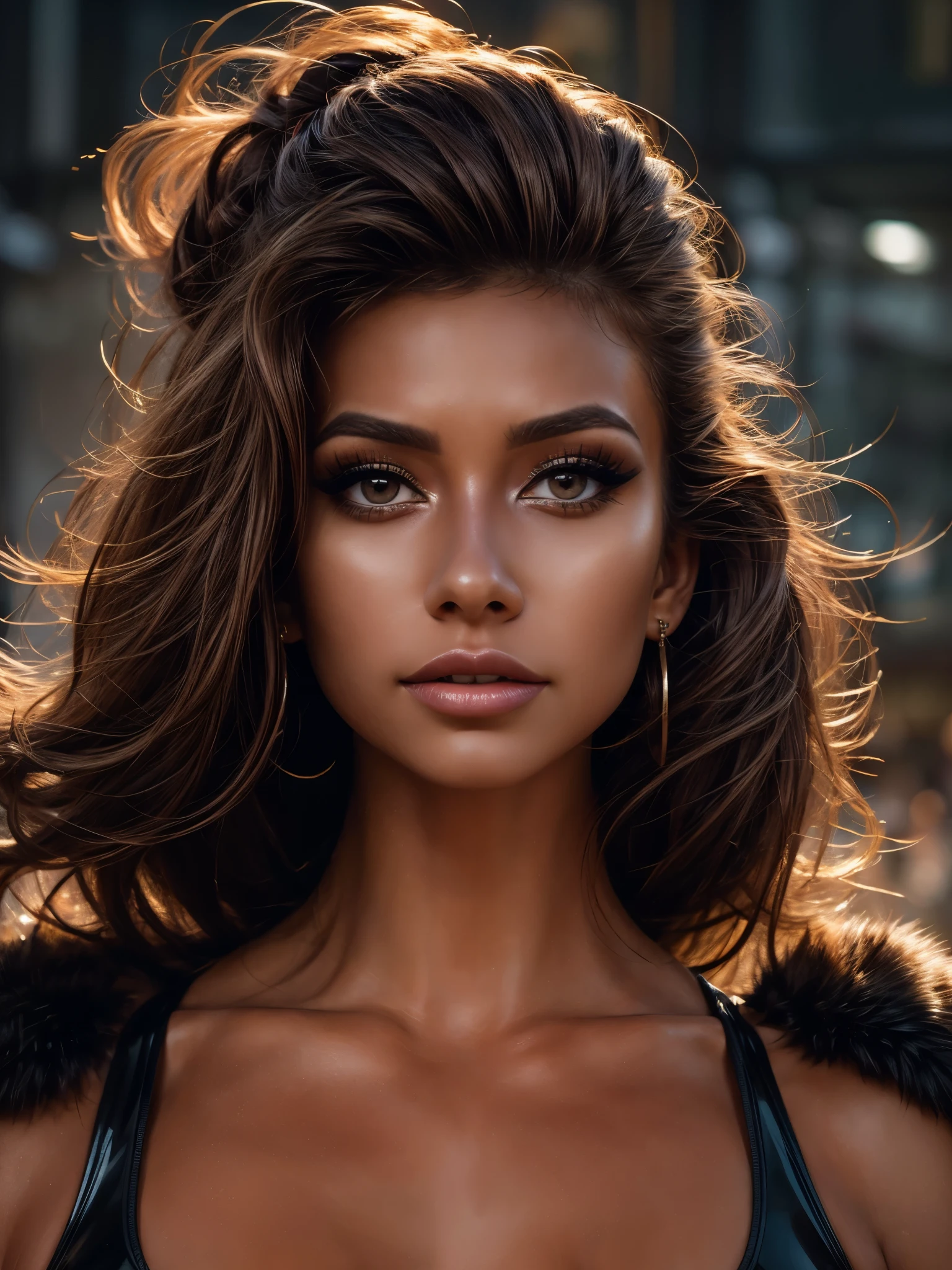 A portrait of a woman (Cristy Ren), (makeup:1.4), amazing body, (fit body:1.2), beautiful smile, latex outfit, highly detailed fur, natural skin texture, 4k textures, detailed belly, Highly detailed perfect , Lightroom, Intricate, Ultra-Realistic, Out There, (HDR:1.3), UHD, (Intricate Detail, Hyper-Detailed:1.1), Cinematic, Photoreal, (Dark Shot:1.2), Dramatic, High Contrast, (Warm Color:1.1) , muted colors, master piece, elegant, sharp focus,