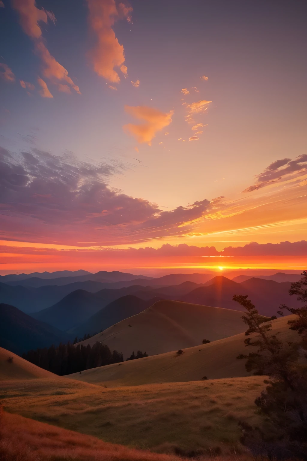 Masterpiece of a late afternoon landscape, ultimate quality, CG unity 8k wallpaper, super delicate, beautiful red sky and sunset tones, spreading across the horizon in a breaththtaking display. It's as if the sun is bidding farewell in a grand fashion, imbuing the scene with a sense of tranquility and serenity. The scene permits us to appreciate the beauty of nature and reflect on the day that has passed. This transient moment of ephemeral splendor reminds us of the fleeting nature of life and the importance of cherishing each precious moment. (Intricate details, dramatic presentation, dynamic angles, excellent contrast, true restoration, no trace of human