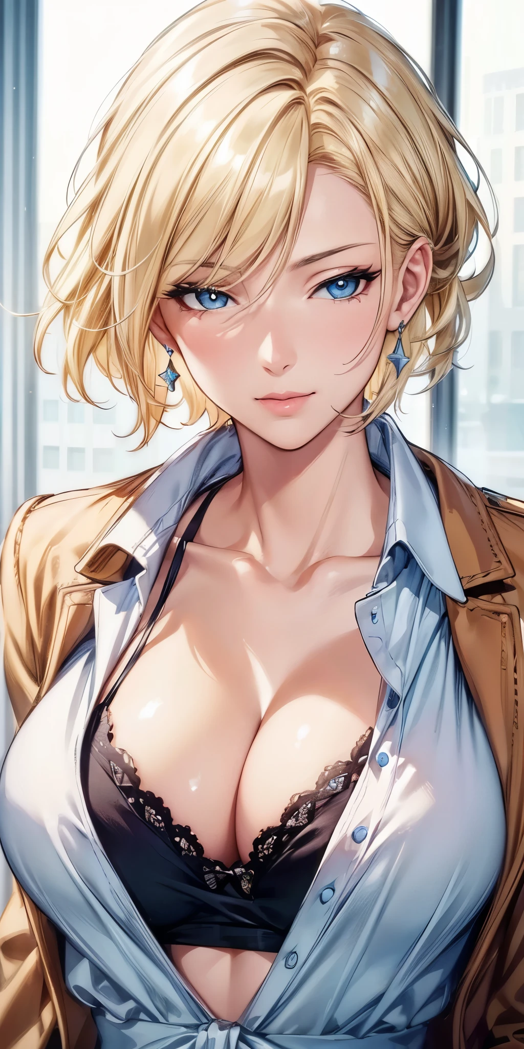 (best quality, highres, realistic), portrait, elegant mature woman, blue eyes,blonde hair, big breast, ultra detailed cg 8k, beautiful cg, soft light