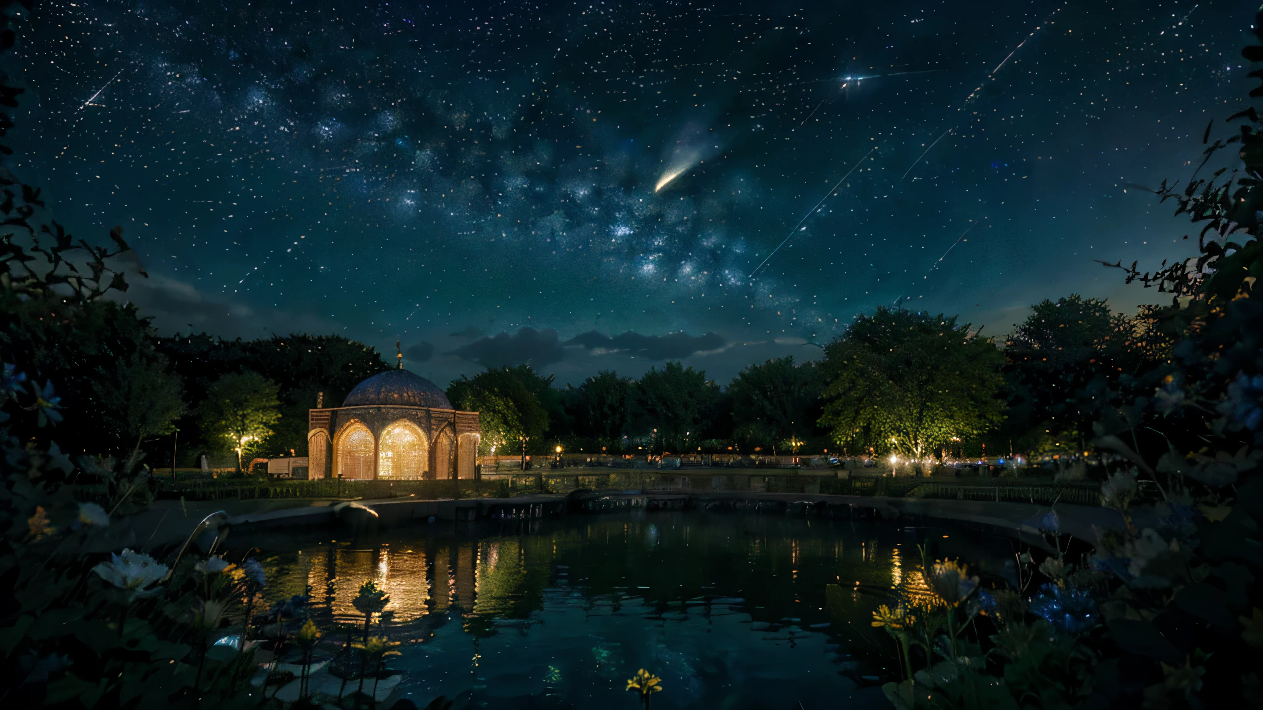 Mosque, main part, Gorgeous, landscape, (((No_HumaNos))), night, flower, flower garden, starry sky, constellation, amazing, Vision, water, Quint, accompaniment, peaceful, meteor, cosmic, magic, magic, detail, Justo, ((Piri Rambos))