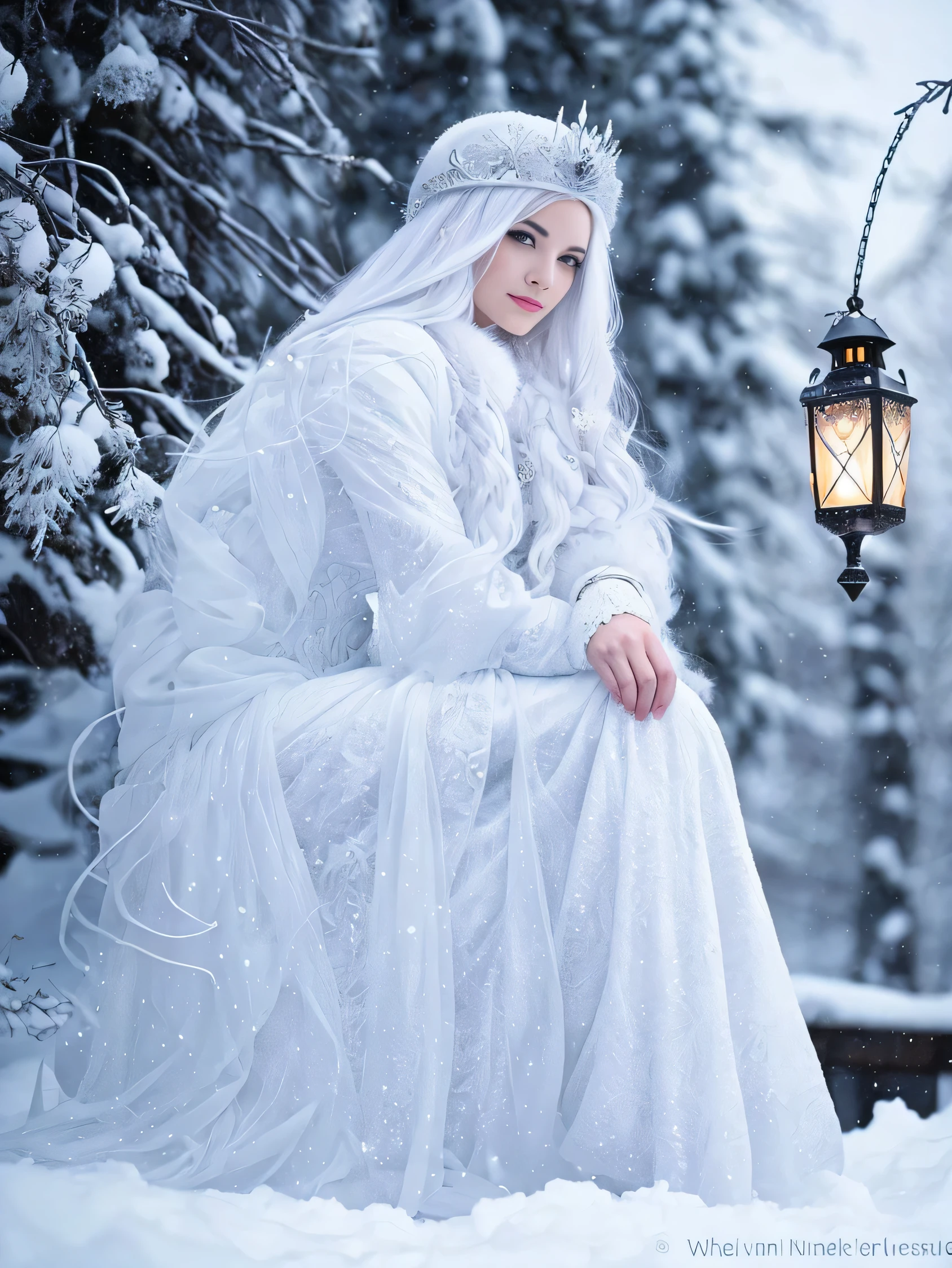 arafied woman in white dress sitting on snow with lantern, inspired by Anne Stokes, in the snow, girl under lantern, in style of anne stokes, very long snow colored hair, portrait of a steampunk ice lady, only snow i the background, pale snow white skin, in snow, ice queen, goddess of winter, white witch, full body:: snow outside::