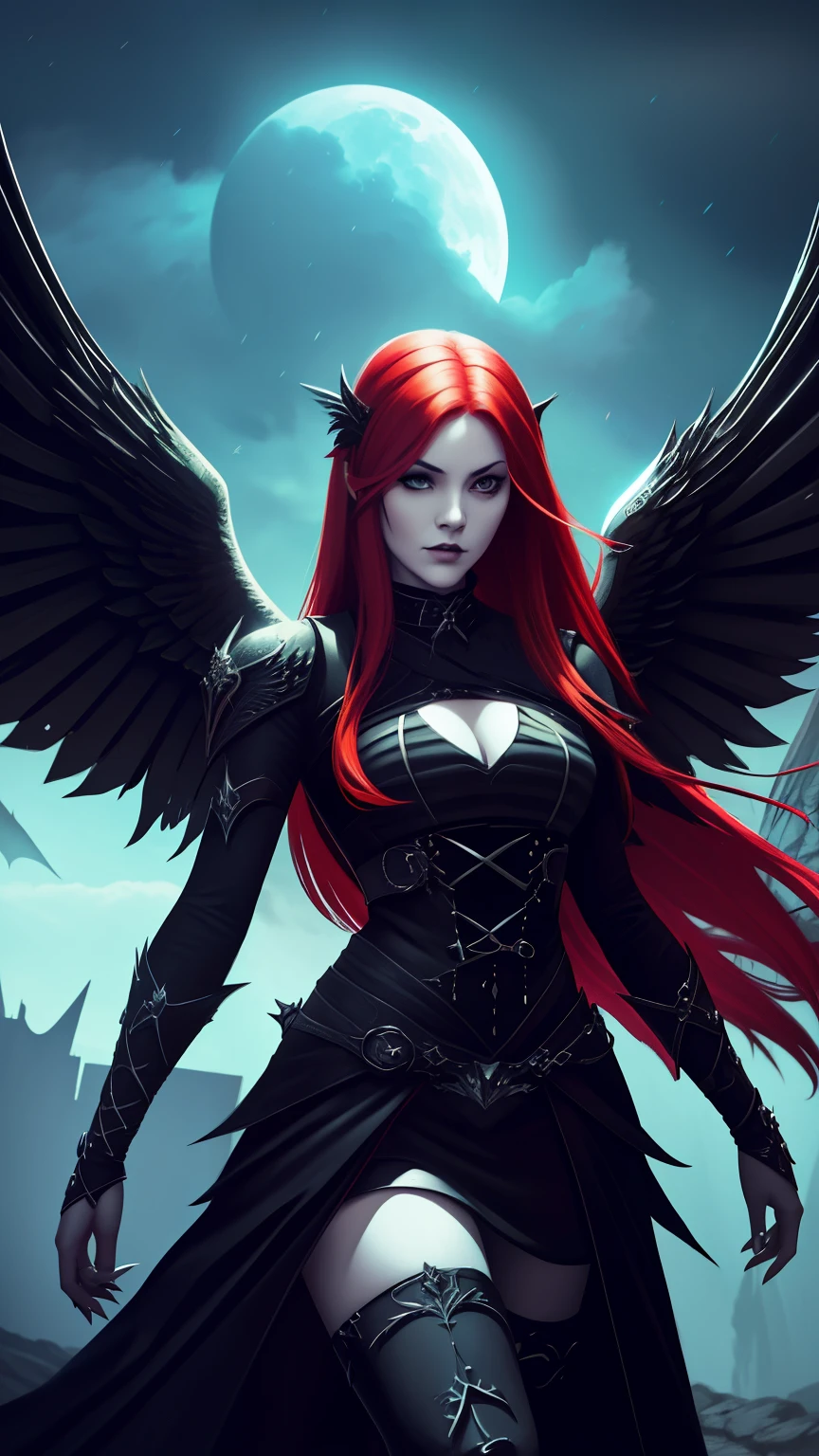 a woman with red hair and wings in a dark dress, angel knight gothic girl, villainess has black angel wings, gothic fantasy art, raven winged female vampire, dark fantasy style art, dark fantasy art, epic fantasy art style hd, dark angel, epic fantasy art style, digital 2d fantasy art, high quality fantasy art, hd fantasy art