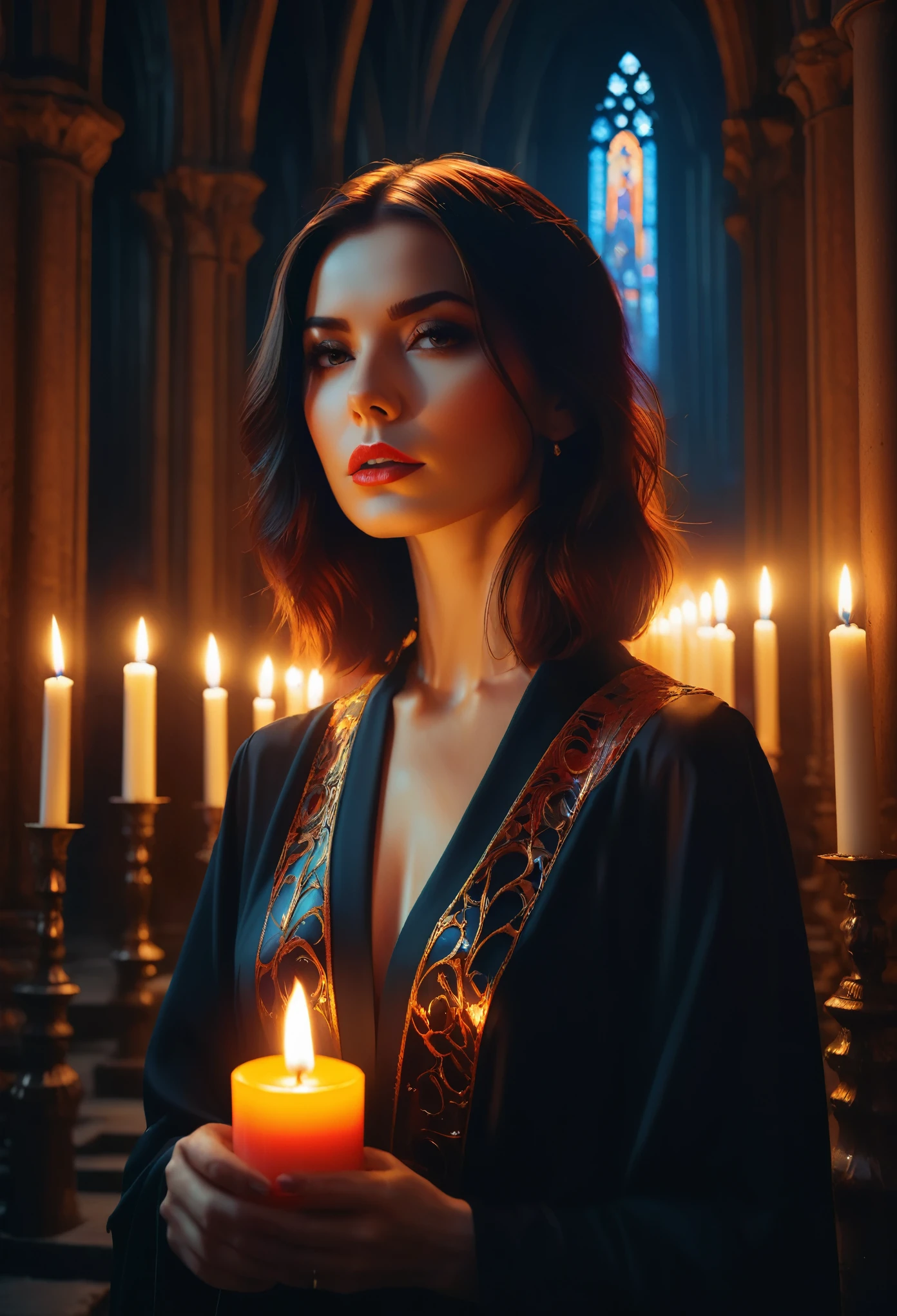 (photography magazine cover), Magazine cover with A stunning intricate full color portrait of 30 year old [anad|cm550|4lexb0tez|kdlt0r0],,( epic character composition,, [style-widow :style-sylvamagic:0.2],, in a dark cathedral with candles,, by ilya kuvshinov, alessio albi, nina masic,, sharp focus, natural lighting, subsurface scattering, f2, 35mm, film grain), the title with word Photography