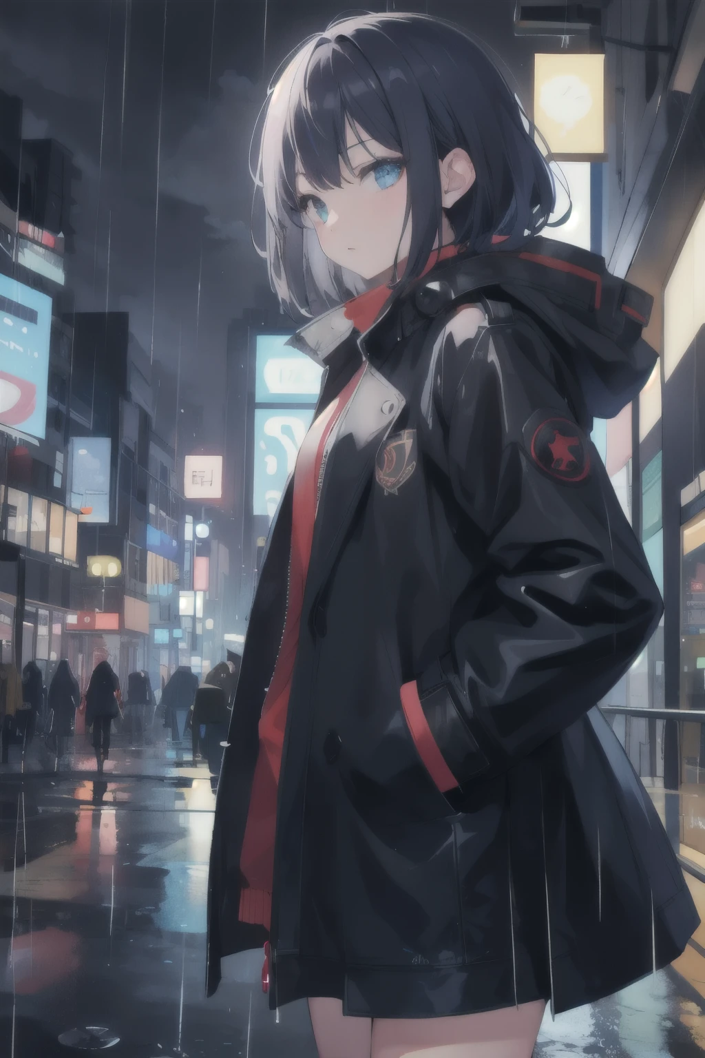 1girl,night city,rain,coat,hands in pockets