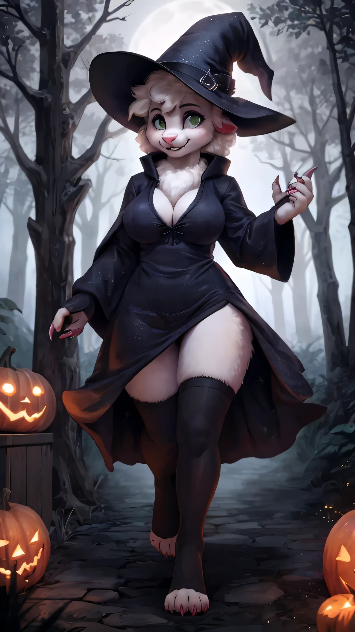 detailed background, dark and eerie forest, fog rolling through the trees, snow-covered ground, full moon shining brightly in the sky, a clearing with scattered leaves and pumpkins, a((slim and graceful)(white lamb:1.2))female standing tall in her witch costume, large breasts, wide hips, long socks, (black dress adorned with silver stars), (pointy hat with a wide brim), (long flowing cloak trailing behind her), (sharp claws on her fingertips), (piercing green eyes sparkling with mischief), ((delicate pink nose:1.1)peeking out from under her witch hat), (playful smile revealing sharp fangs), detailed fur markings resembling mystical patterns on her body, (confident stance), (half-body view)