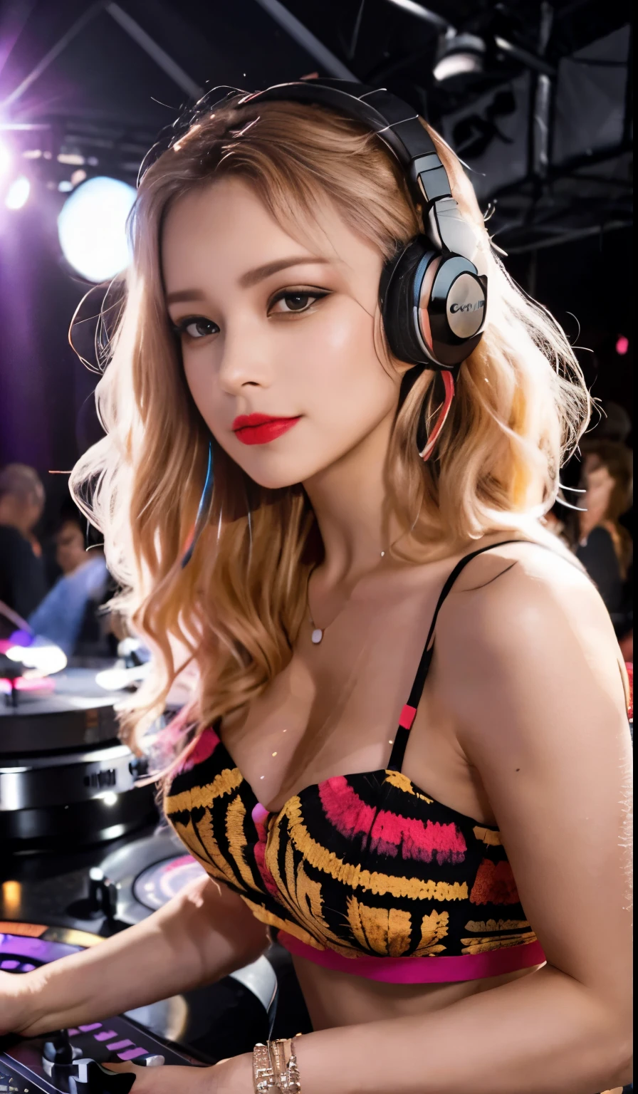 fotografia premiada, uma DJ feminina toca (dinamicamente) nos discos de vinil no DJ set com dois toca-discos, headphones on head, tocando em discos de vinil, She controls the turntable needle with her left hand, your right hand on the vinyl record, (((vista de baixo))), (((dancing dinamicamente))), sentindo-se bem, bom humor,  atmosfera, um retrato de corpo inteiro de uma linda europeia de 25 anos.o. mulher, ((seu cabelo rasta loiro extra longo girando em torno dela)), soprando no vento, Red lips, sorridente, big eyelashes, cara feliz, detailed facial features, rule of thirds, olhos realistas, ((vibrating with music)), Senhora deslumbrante, ((dress with a deep neckline and colorful psychedelic patterns)), Corpo fino, seios grandes, beautiful abdomen, pale sKin, frecKless, tatuagens abstratas, bright and glorious summer sun, in the bacKground music festival with dancing people, boKeh, cores quentes, Fotografia RAW, (obra de arte), ((Fotorrealista)), ((hiperrealista)), (sKin pores), altamente detalhado, Film grain, sharp focus, claro como cristal, ((inacreditavelmente lindo)), extremamente detalhado, high detailed sKin, cinematic lighting, wide angle, incredible fine details, cores ricas, lifeliKe texture, dramatic lighting, dynamic composition, fotografado usando ((Canon EF 50mmf/1.Lente 2L USM)), ((Film grain, sKin details, (high detailed sKin texture:1.5),K, dslr, HDR, Ultra HD)), obra de arte