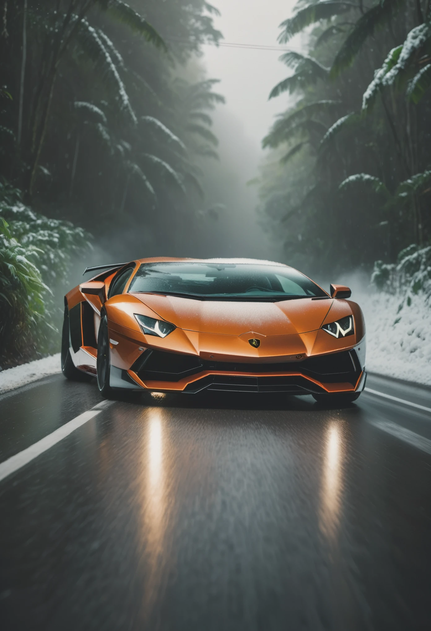 raw photo, (high detailed :1.2), 8k uhd, dslr, soft lighting, high quality, film grain, Depth of Field, freeze frame, cinematic, snow, motion lines, an exotic car lamborghini aventador svj going at high speed on a highway in a rainforest