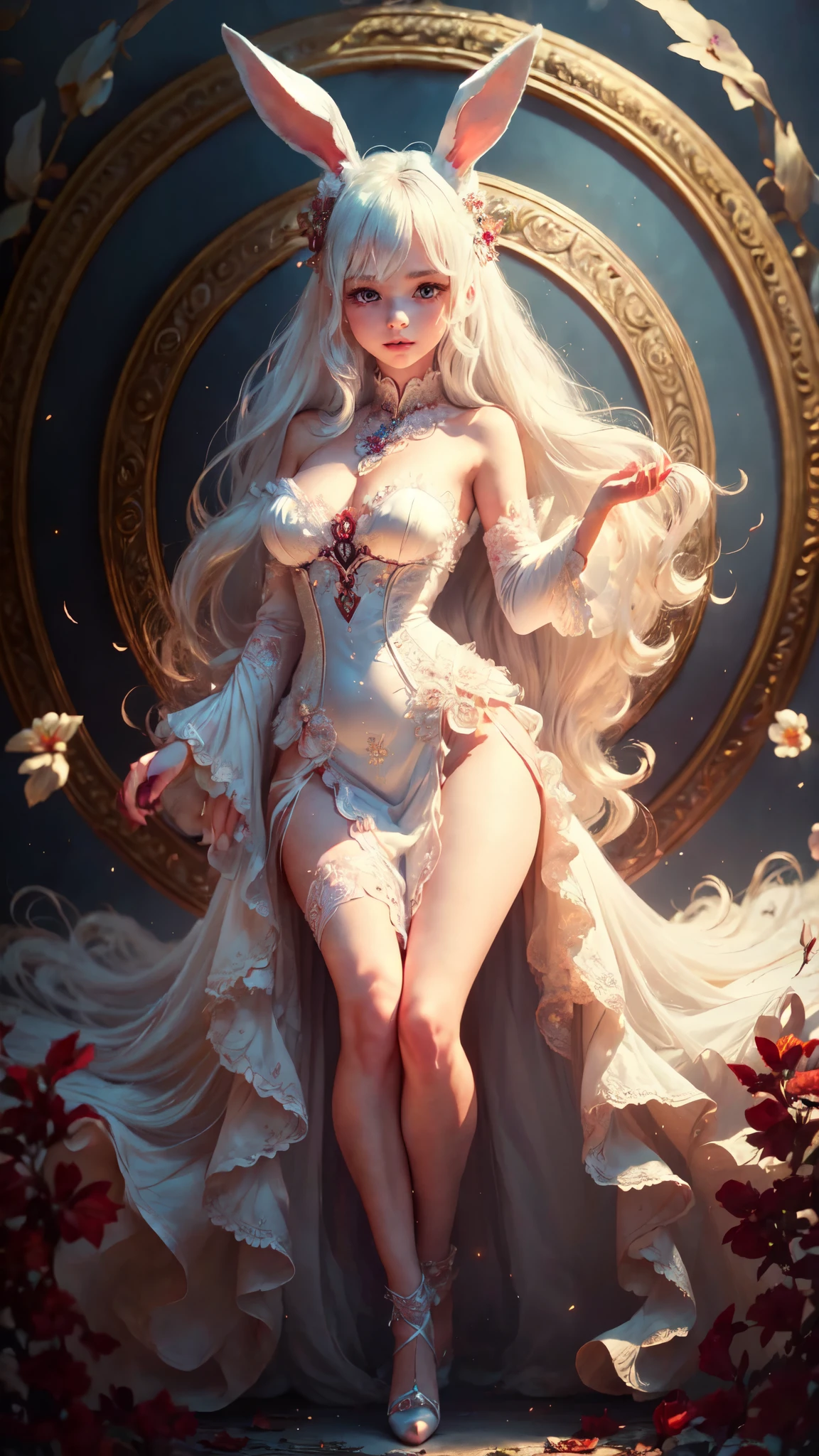 (best quality,4k,8k,highres,masterpiece:1.2),anime,white-haired girl,bunny ears,red eyes,shy blush,,detailed eyes and face,long eyelashes,soft and silky hair,peaceful expression,graceful pose,gentle smile,beautiful detailed lips,vivid colors,fantasy background,soft lighting,subtle shadows,whimsical atmosphere,dreamlike ambiance, full body, detailed face, detailed eyes, detailed hands, half naked