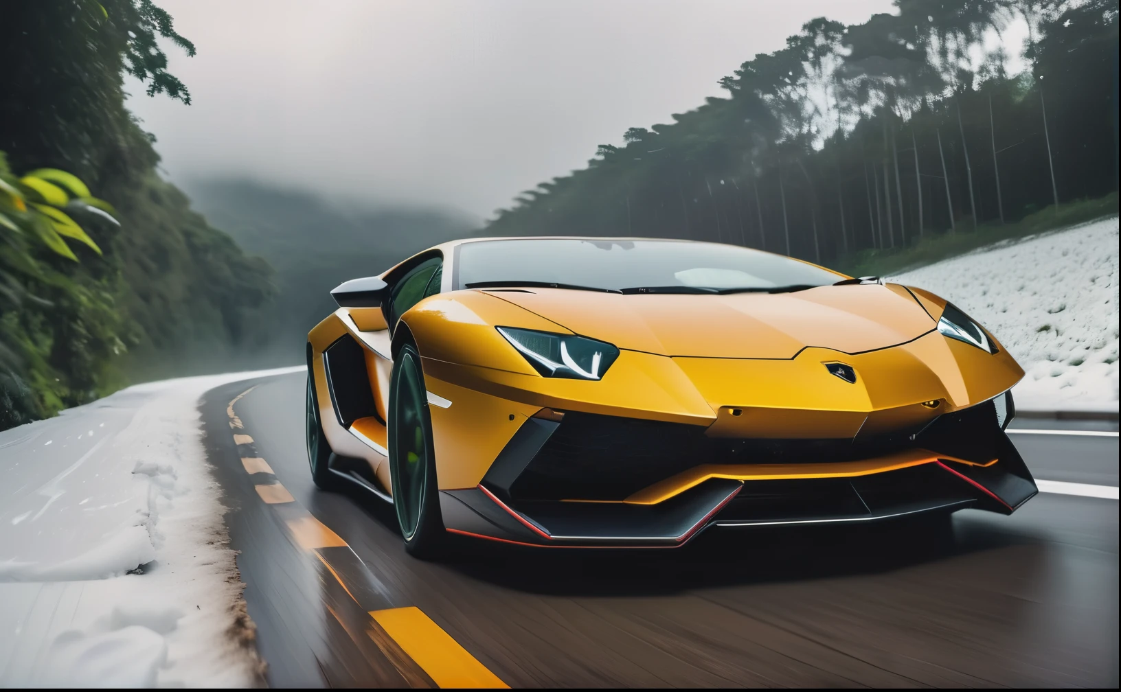 raw photo, (high detailed :1.2), 8k uhd, dslr, soft lighting, high quality, film grain, Depth of Field, freeze frame, cinematic, snow, motion lines, an exotic car lamborghini aventador svj going at high speed on a highway in a rainforest