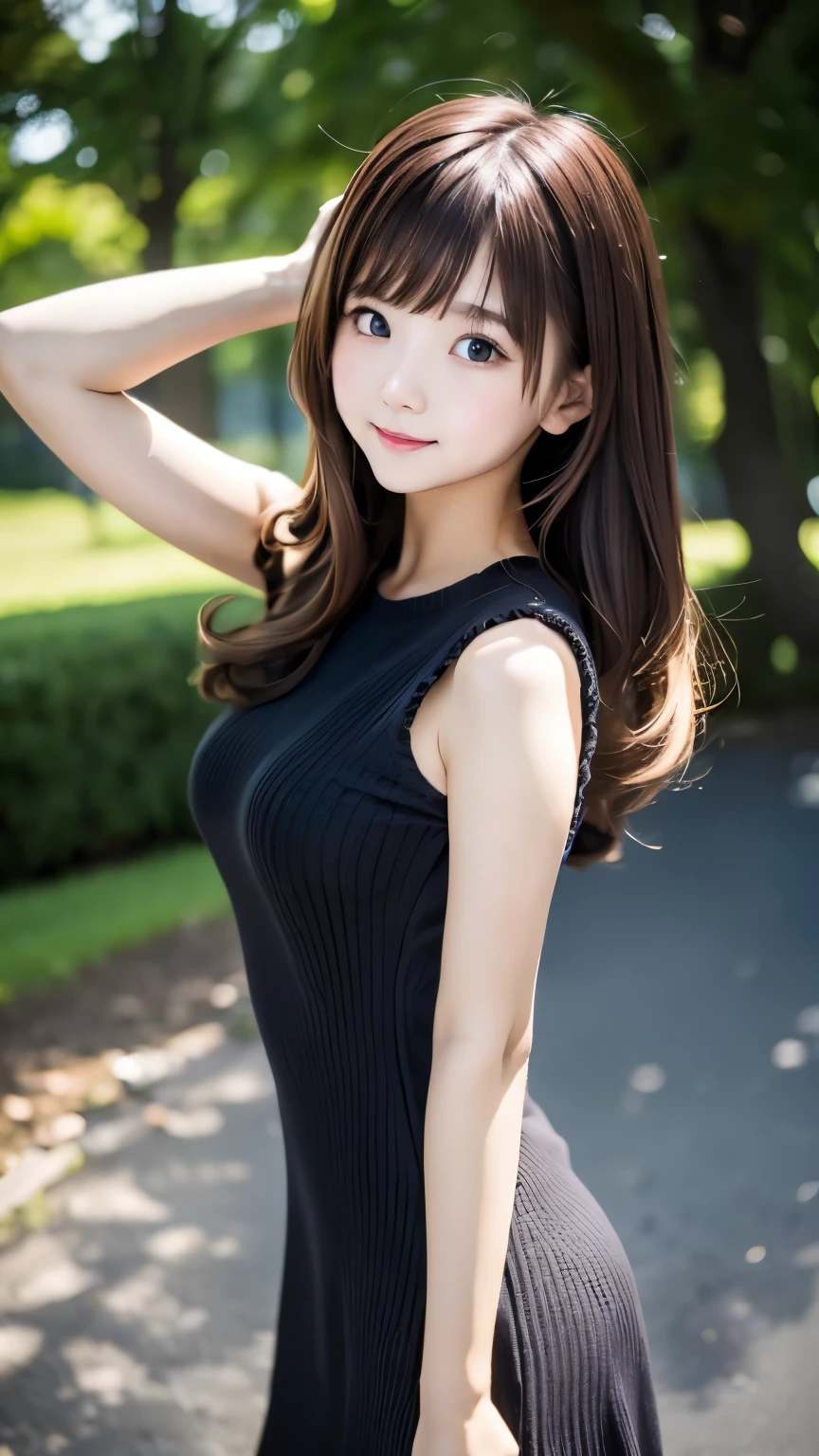 one girl、distinctive hairstyle、random hair color、(((cute smile:0.1)))、small eyes、plump lips、１６talent、knit dress、black tight dress、outdoor、midsummer sunshine、summer park、squirt、highest quality、ultra high resolution、Super detailed、master piece:1.5、８ｋ、Filmgren、perfect anatomy、cinematic lighting、50ｍｍPhotographed with a lens、professional photographer、