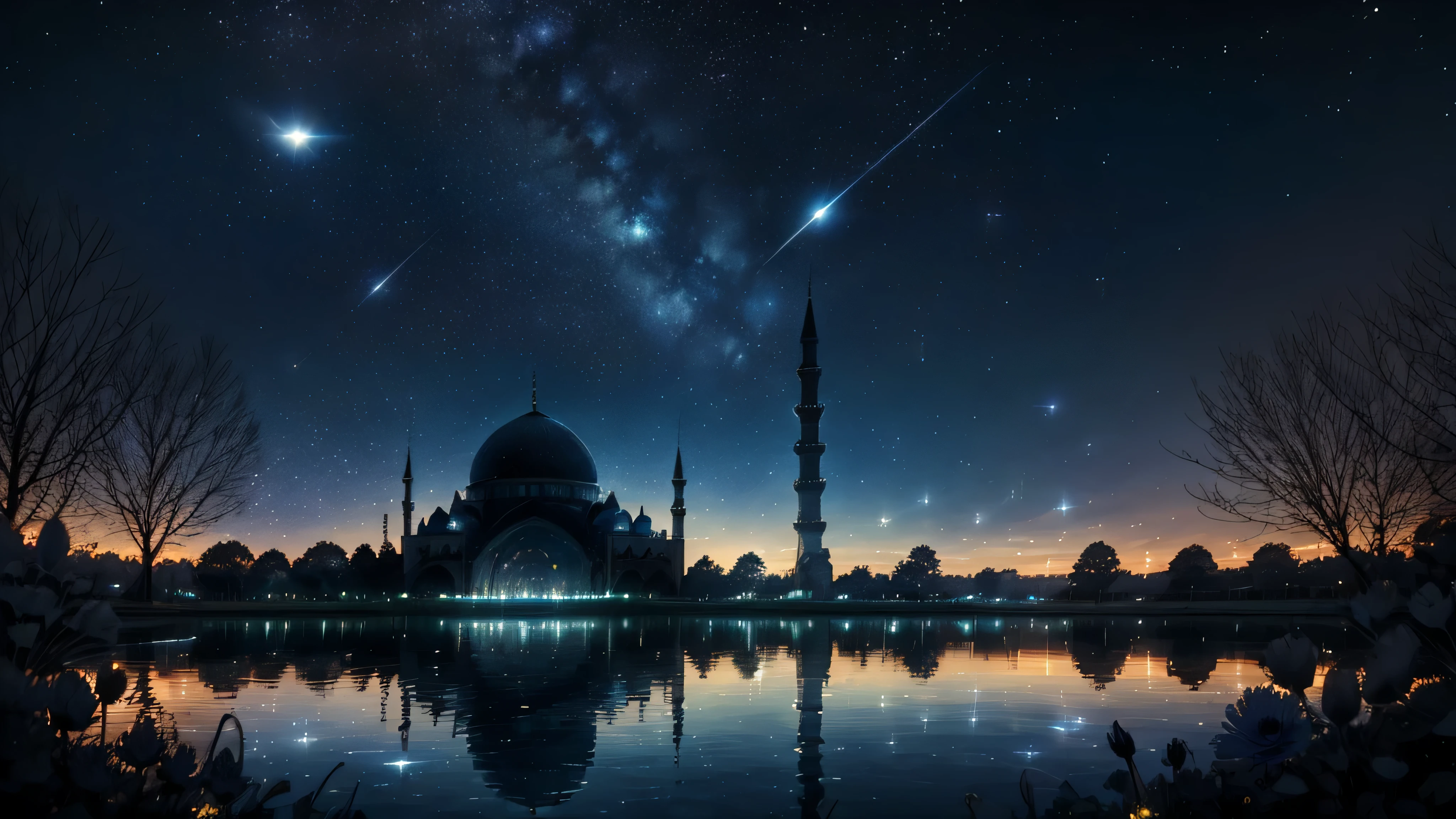 Perfect mosque, birds siluet, Twillight sky, main part, Gorgeous, landscape, (((No_HumaNos))), night, flower, flower garden, starry sky, constellation, amazing, Vision, water, Quint, accompaniment, peaceful, meteor, cosmic, magic, magic, detail, Justo, ((Piri Rambos))