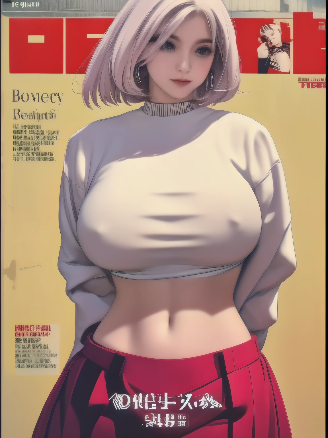 magazine cover, Beauty: Stunning beauty graces the cover of this month's magazine, busty mature woman, sheer cropped tops fashion, upper body shot, huge breasts, giga_busty, black title text, magazine cover, ctmp