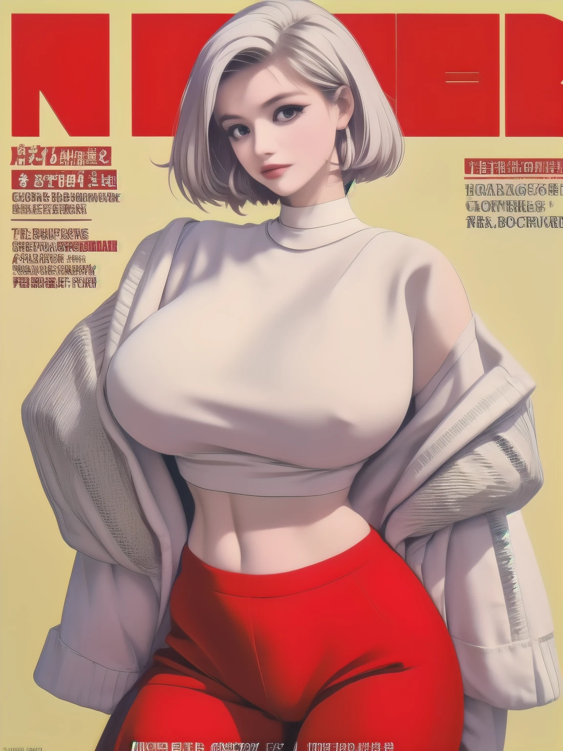 magazine cover, Beauty: Stunning beauty graces the cover of this month's magazine, busty mature woman, sheer cropped tops fashion, upper body shot, huge breasts, giga_busty, black title text, magazine cover, ctmp