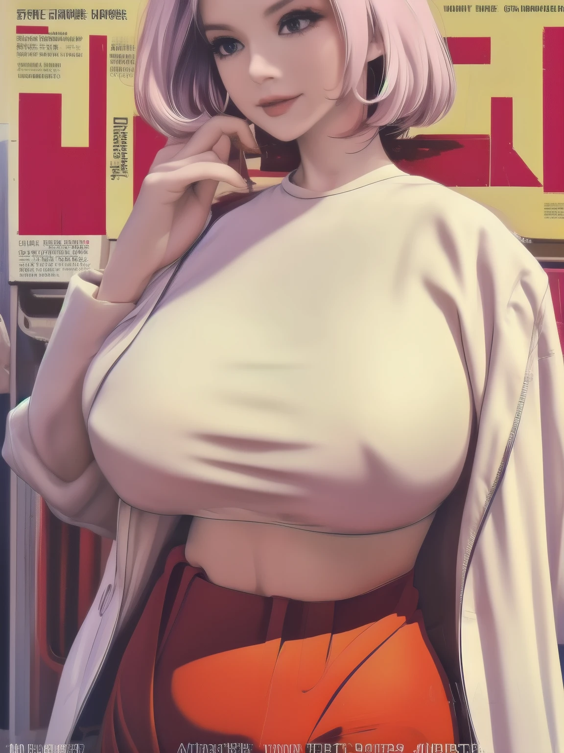 magazine cover, Beauty: Stunning beauty graces the cover of this month's magazine, busty mature woman, sheer cropped tops fashion, upper body shot, huge breasts, giga_busty, black title text, magazine cover, ctmp