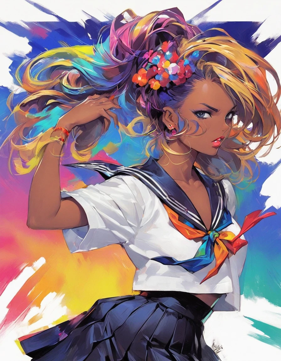 Generate a vibrant illustration capturing the essence of the popular early 2000s Black Gal style. Envision a confident young woman sporting the iconic elements of the trend – deep tan, colorful and daring fashion choices, and bold makeup. Picture her in a dynamic pose, exuding the energy and attitude synonymous with the era. Utilize a bold and bright color palette to bring out the vibrancy of the Black Gal aesthetic. Pay meticulous attention to details such as the distinctive hairstyles, flashy accessories, and the overall fearless spirit of the style. This prompt inspires the artist to create a visually compelling portrayal, celebrating the bold and trendsetting nature of the Black Gal fashion phenomenon from the 2000s. BREAK, 1girl, solo, blonde short messy curly hair, short hair, blonde hair, looking at viewer, upper body, parted lips, angry, ((white sailor unit, break, blue long pleated skirt, maxi length long pleated skirt)),(2000s Japanese school girl theme:1.5), lips, dynamic, standng with arms behind back, ruined Japanese school, ((no-human background:1.6)), ,masterpiece,IncrsNikkeProfile,dark skin