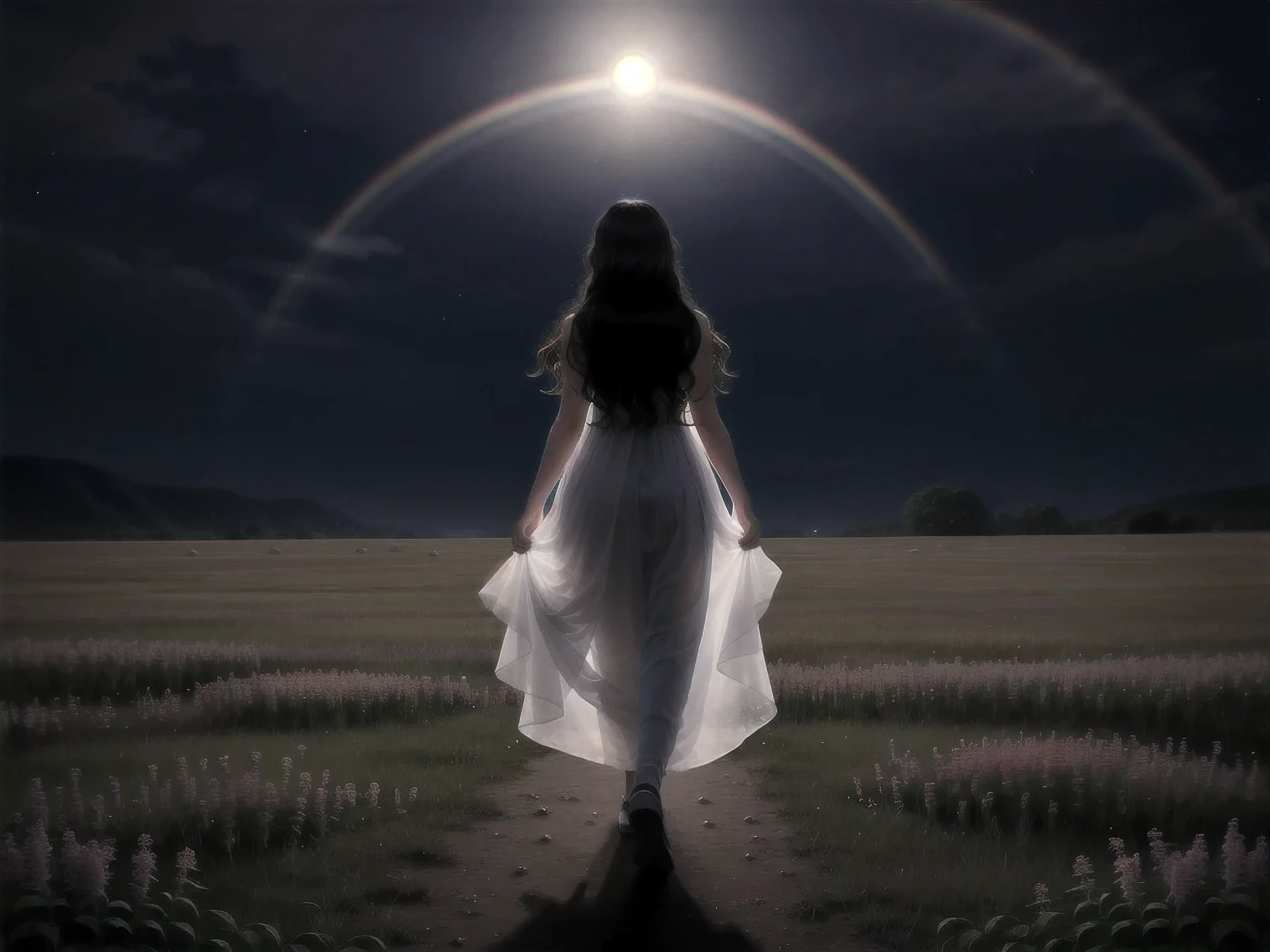 A beautiful and magical elemental girl with long flowing hair., Ethereal spiritual clothing, Walking through a field of crystal flowers amidst the dark rainbow moonlight, the flowers glowed brightly.