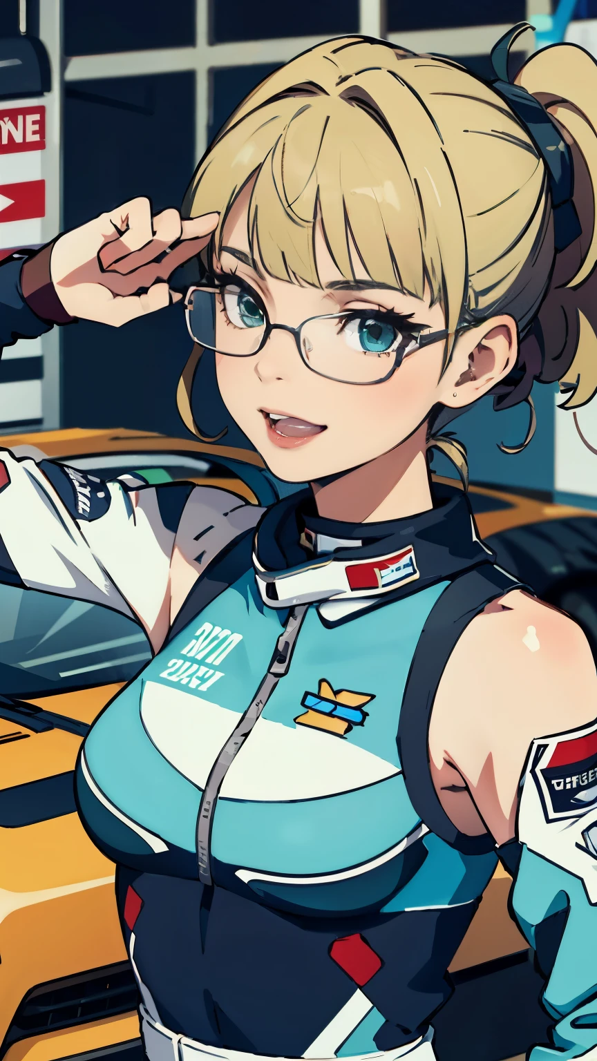 gorgeous anime woman, green eyes, long blonde hair, glases, ponytails, wearing stock car outfit, happy, v pose, in a stock car garage, intricated details, 8k