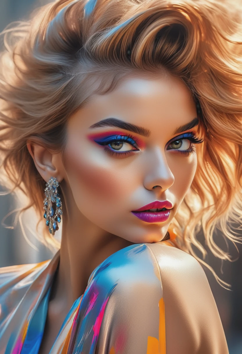 (best quality,4k,8k,highres,masterpiece:1.2),ultra-detailed,(realistic,photorealistic,photo-realistic:1.37),illustration,portrait,beautiful girl,graceful pose,vibrant colors,soft lighting,stylized,modern,eye-catching background,playful expression,creative composition,sophisticated fashion,gorgeous makeup,luxurious jewelry,striking eyes,luscious lips,detailed hair,high-fashion clothing,high-key lighting,impeccable skin tone,editorial style,artistic details,subtle textures,glamorous,energetic vibe,confident attitude,provocative look,metropolitan setting,fluid brushstrokes,saturated colors,edgy,urban chic,visually stunning