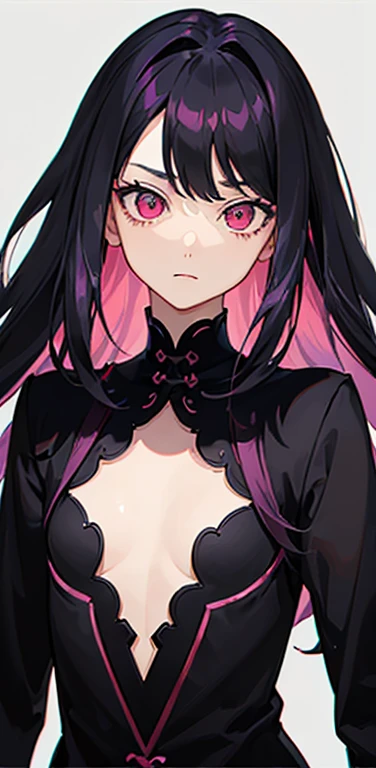 (8K、highest quality、masterpiece:1.2)、anime coloring、super resolution、Realistic、(1girl)  、(black hair to magenta hair gradient hair,long straight hair:1.5)、(open stance),(red eye,glowing eyes:1.3),(volumey:1.5,forehead:1.5),(portlate:1.3、face focus,upper body:1.5),(lace Dress with open chest: 1.3),
(clear face:1.3),(cute face),(flat chest:1.2),gradient background、(slender:1.3)