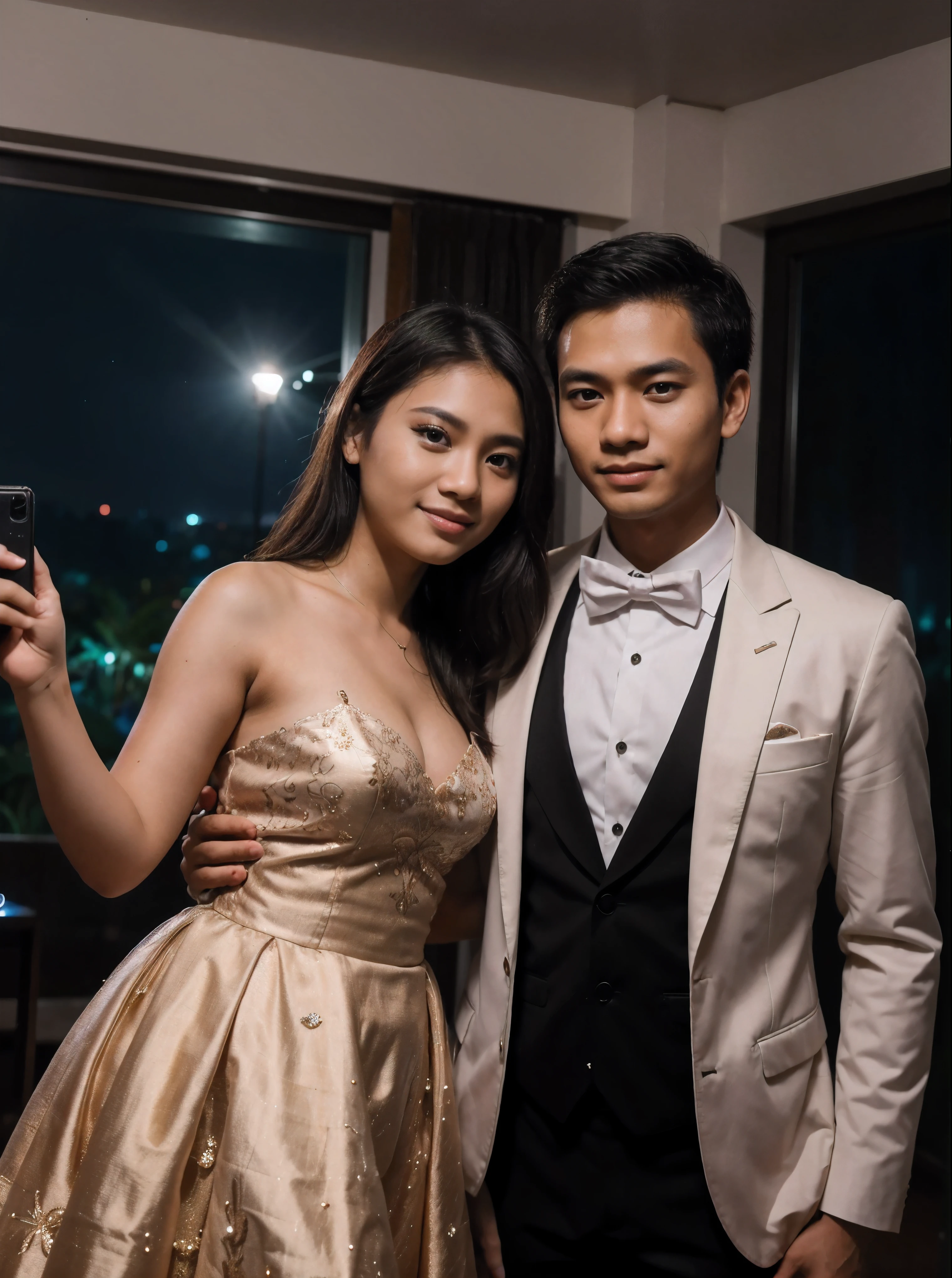 photo of a young couple from Indonesia in formal clothes taking a photo together at a party at night. photography, super detailed, realistic, ultra HD, 8K Resolution, facial details.