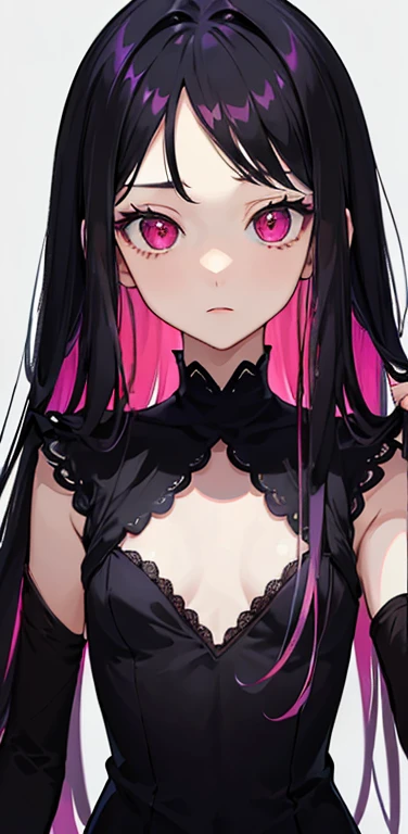 (8K、highest quality、masterpiece:1.2)、anime coloring、super resolution、Realistic、(1girl)  、(black hair to magenta hair gradient hair,long straight hair:1.5)、(open stance),(red eye,glowing eyes:1.3),(volumey:1.5,forehead:1.5),(portlate:1.3、face focus,upper body:1.5),(lace Dress with open chest: 1.3),
(clear face:1.3),(cute face),(flat chest:1.2),gradient background、(slender:1.3)