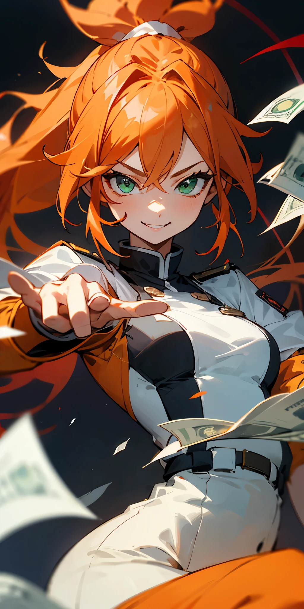 1 girl, orange clothes、orange hair、ponytail、beautiful green eyes、evil smile、strong pleasure on the face、white uniform with money,