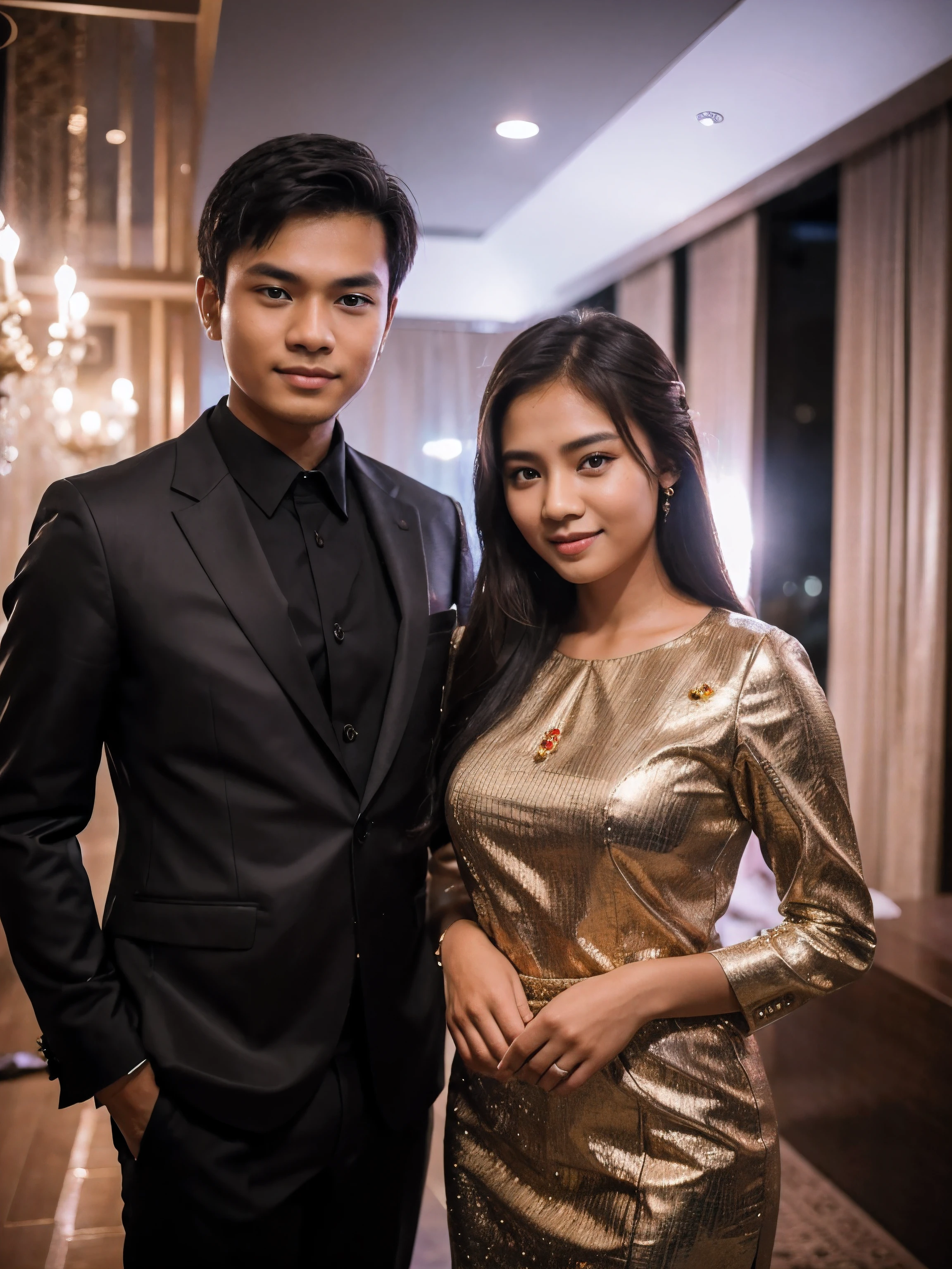 photo of a young couple from Indonesia in formal clothes taking a photo together at a party at night. photography, super detailed, realistic, ultra HD, 8K Resolution, facial details.