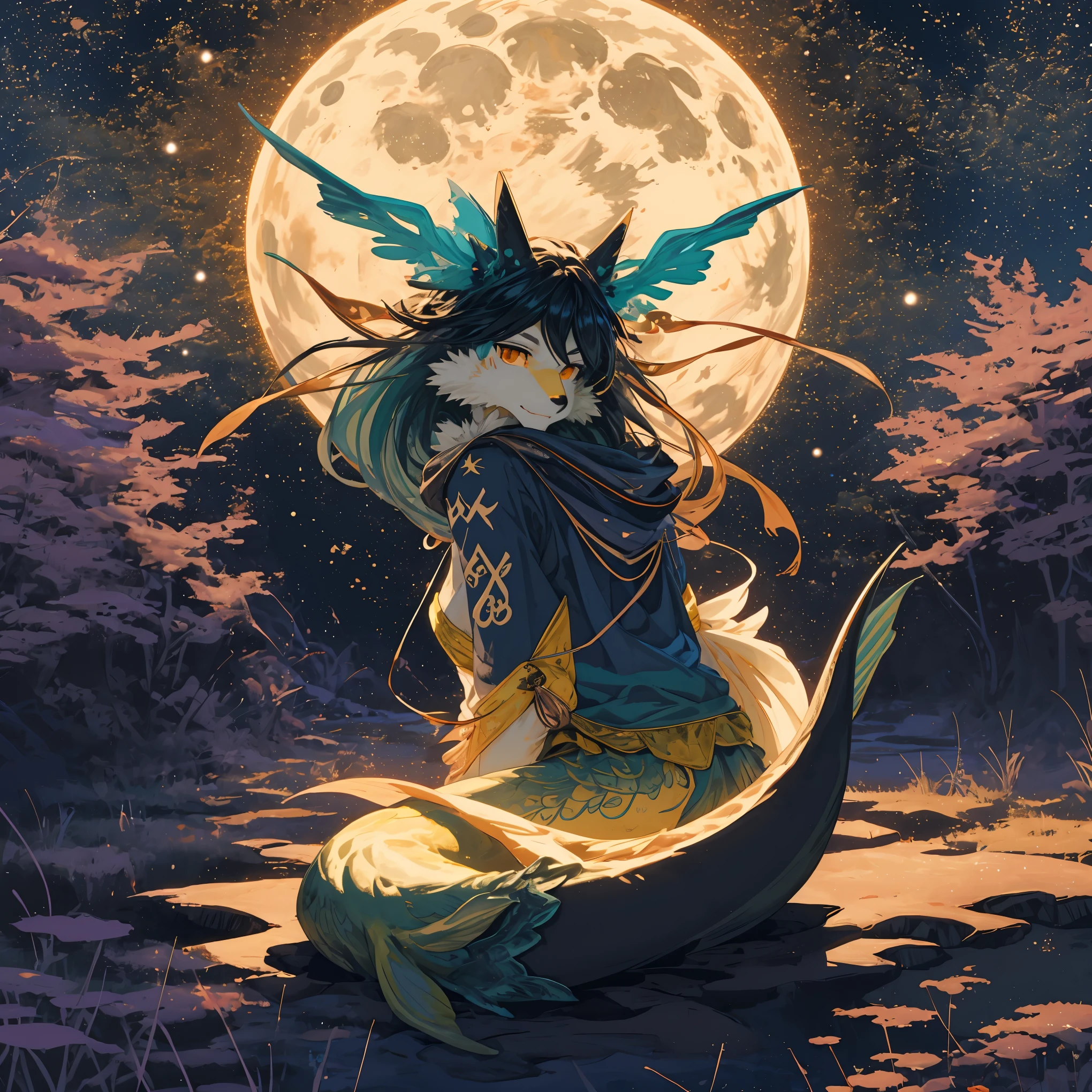 On a moonlit night, furry anthro, kemono, mermaid, a beautiful woman with bright shining scales on her skin dances gracefully on a white sandy beach Her beautiful face and brightly colored shining eyes The sea and the woman's scales shining faintly in the moonlight. Detailed drawing Vivid colors High image quality,