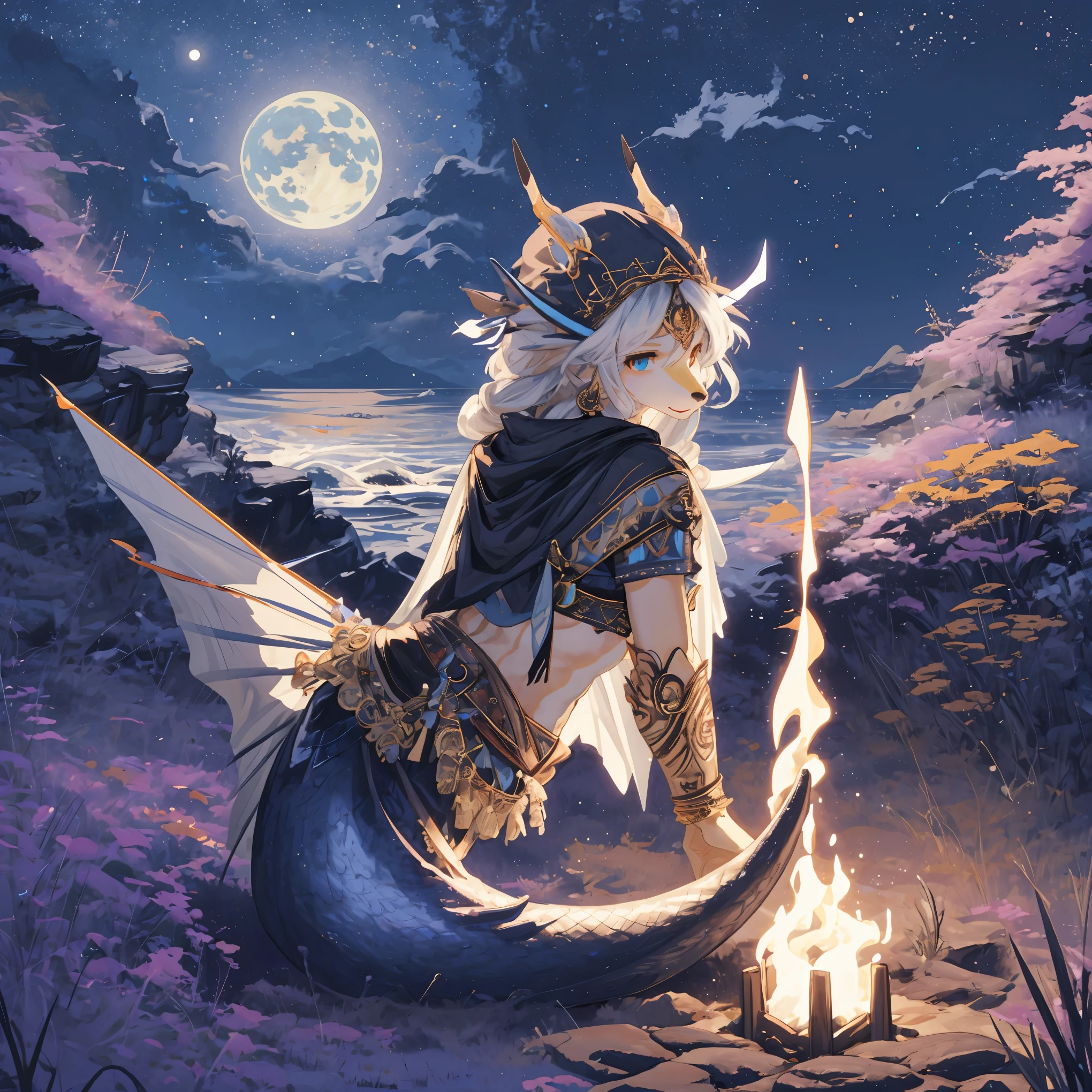 On a moonlit night, furry anthro, kemono, mermaid, a beautiful woman with bright shining scales on her skin dances gracefully on a white sandy beach Her beautiful face and brightly colored shining eyes The sea and the woman's scales shining faintly in the moonlight. Detailed drawing Vivid colors High image quality,