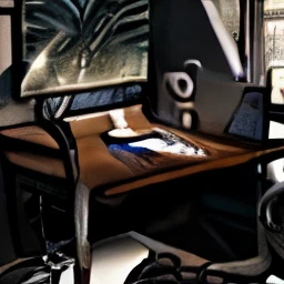 A small drafting room with a dark and brown theme, with the Rezaey logo tagged on the room and the Instagram logo in the background of the laptop and computer.
