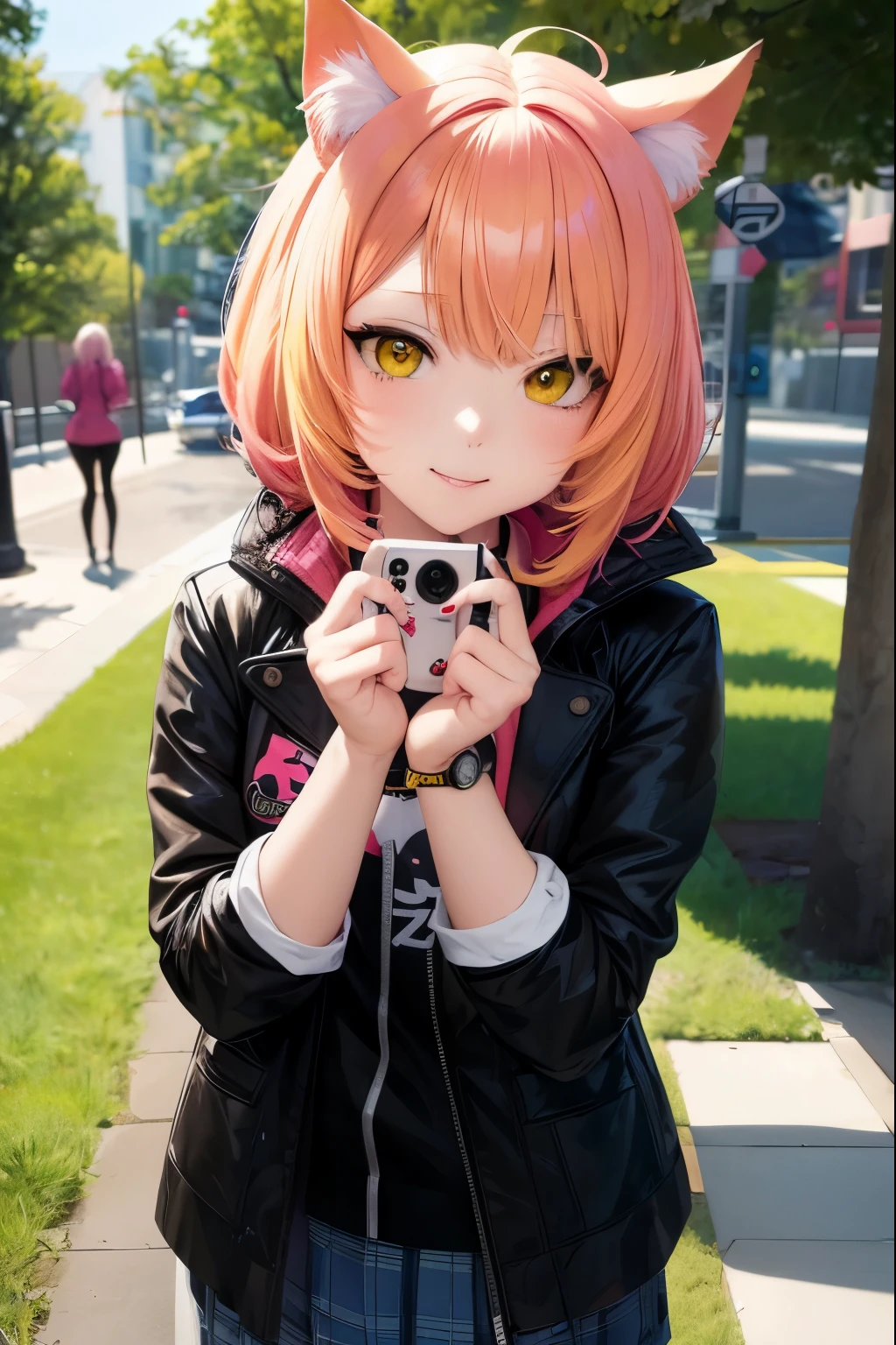 anime girl with yellow hair and a black jacket posing for a picture, beautiful anime catgirl, anime visual of a cute girl, cute anime catgirl, anime style 4 k, anime girl with cat ears, portrait of cute anime girl, portrait of an anime girl, cute anime girl portrait, anime catgirl, anime style portrait, cute anime girl, portrait anime girl