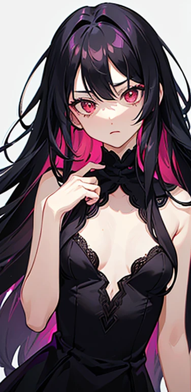 (8K、highest quality、masterpiece:1.2)、anime coloring、super resolution、Realistic、(1girl)  、(black hair to magenta hair gradient hair,long straight hair:1.5)、(open stance),(red eye,glowing eyes:1.3),(messy hair:1.5,forehead:1.5),(portlate:1.3、face focus,upper body:1.5),(lace Dress with open chest: 1.3),
(clear face:1.3),(cute face),(flat chest:1.2),gradient background、(slender:1.3)