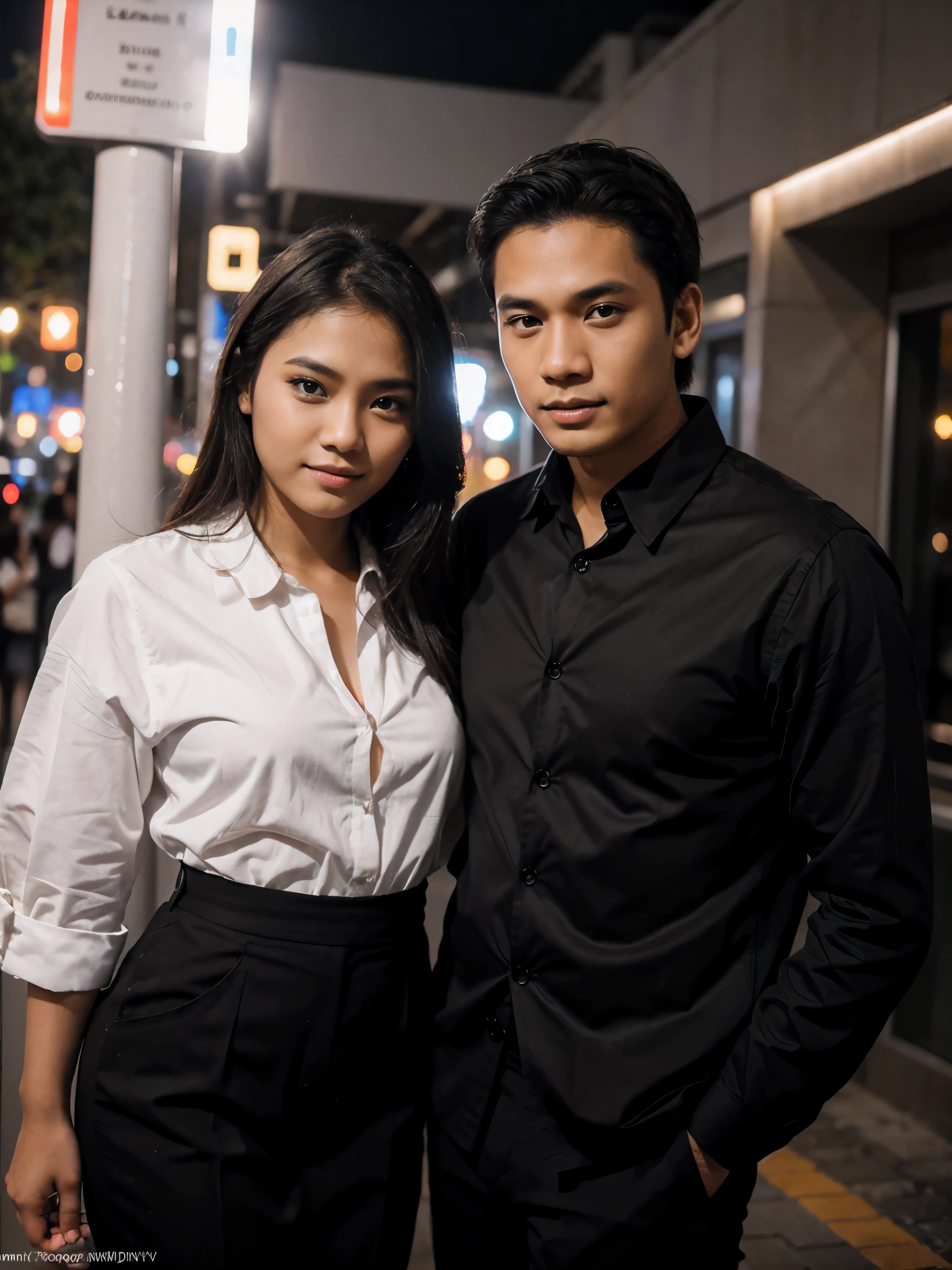 photo of a young couple from Indonesia in formal clothes taking a photo together at a party at night. photography, super detailed, realistic, ultra HD, 8K Resolution, facial details.