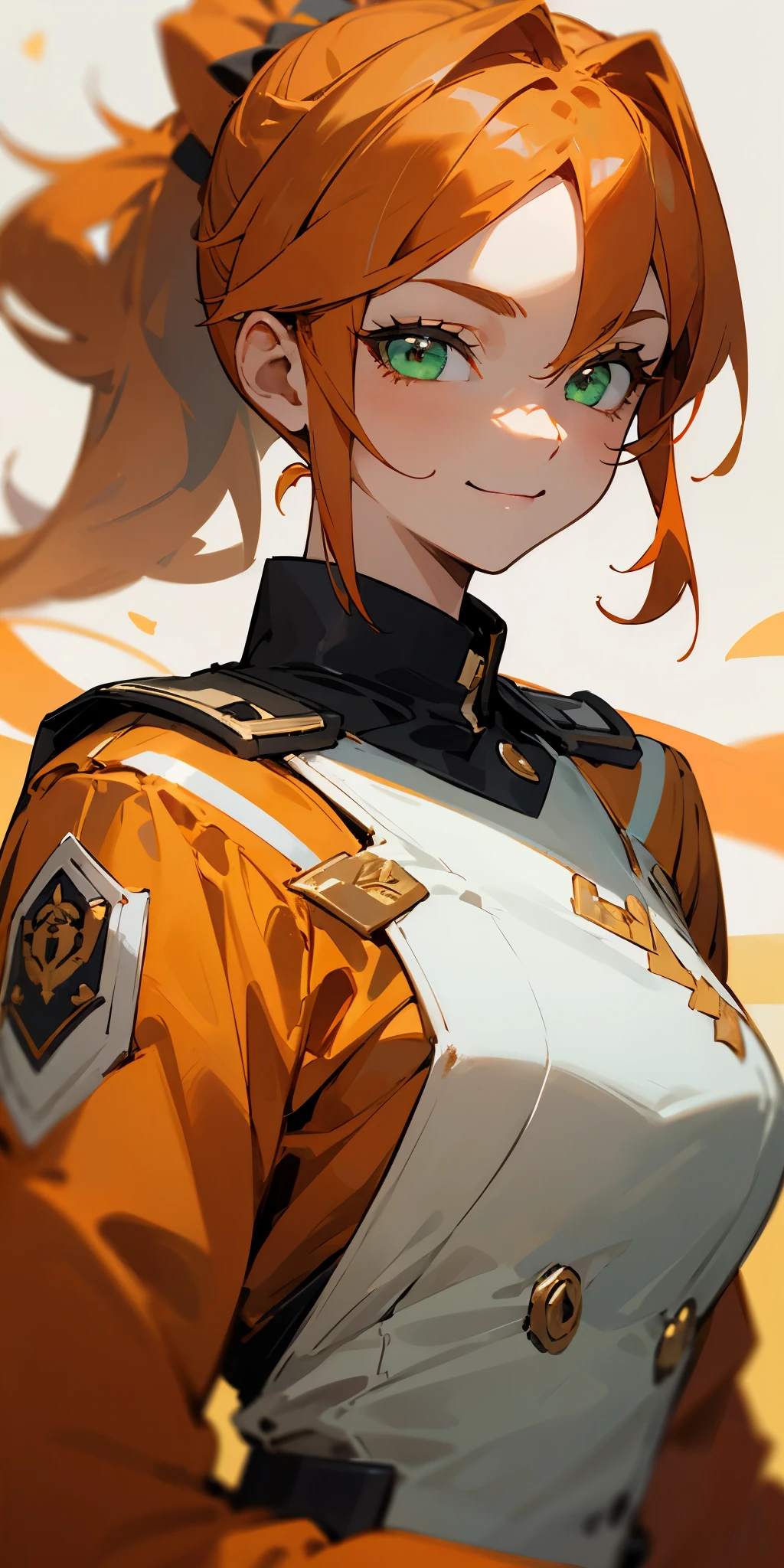 1 girl、one person、orange clothes、orange hair、ponytail、beautiful green eyes、evil smile、strong pleasure on the face、From the side、white uniform with golden decorations、upper body close-up