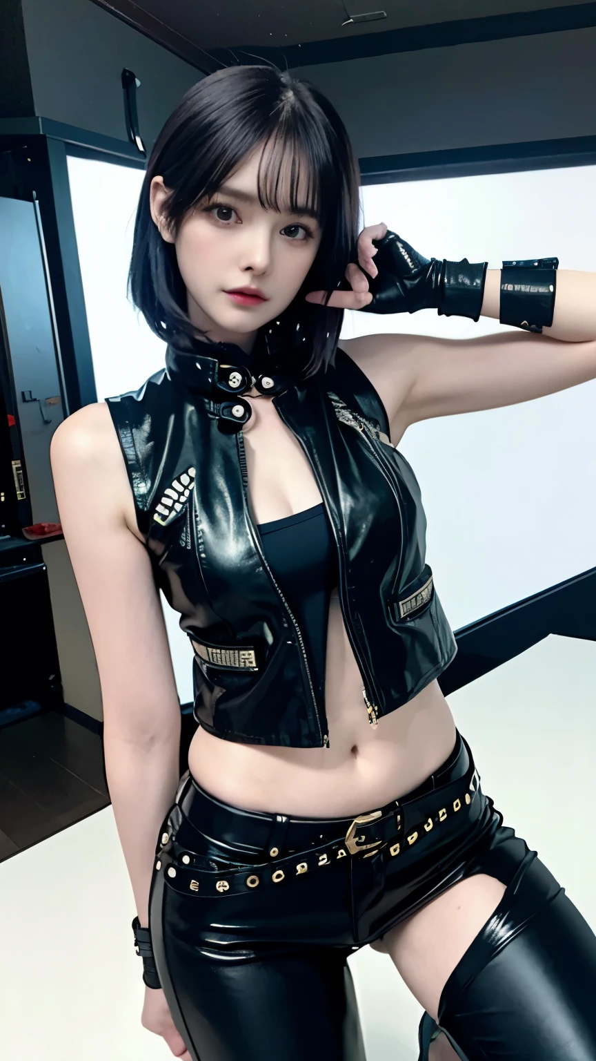 (highest quality),masterpiece,Super detailed,8K, UHD,Beautiful woman,japanese woman,No expression,whole body,((tattoo)),slim,black leather pants,black leather vest,(female mafia),gangster,(cyberpunk city),night,cinematic lightening,underworld