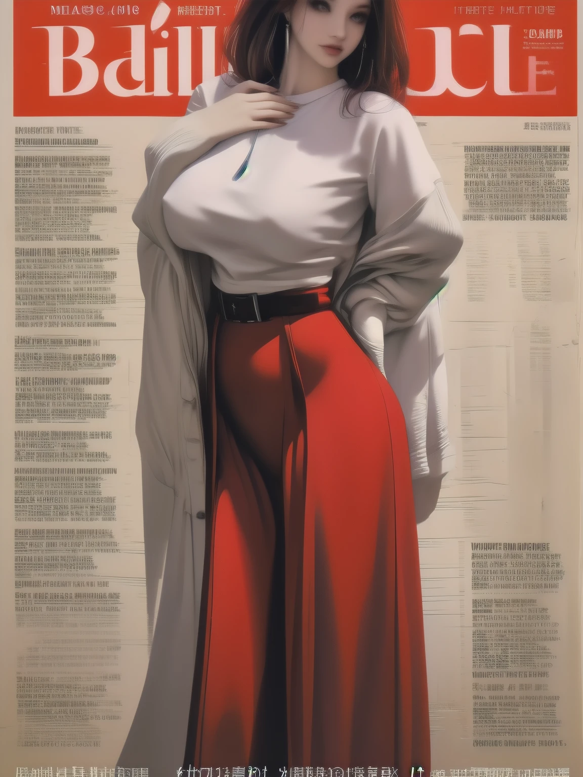 magazine cover, Beauty: Stunning beauty graces the cover of this month's magazine, busty mature woman, detailed face, dress fashion, full body shot, huge breasts, giga_busty, black title text, magazine cover, ctmp