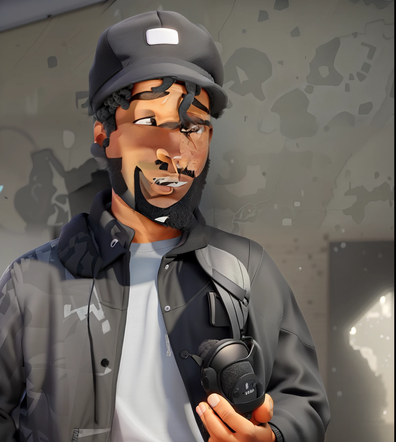 a black man, with a beard, wearing a black hat, a black jacket and a gray t-shirt underneath, holding a headset in his hand next to a microphone inside a studio
