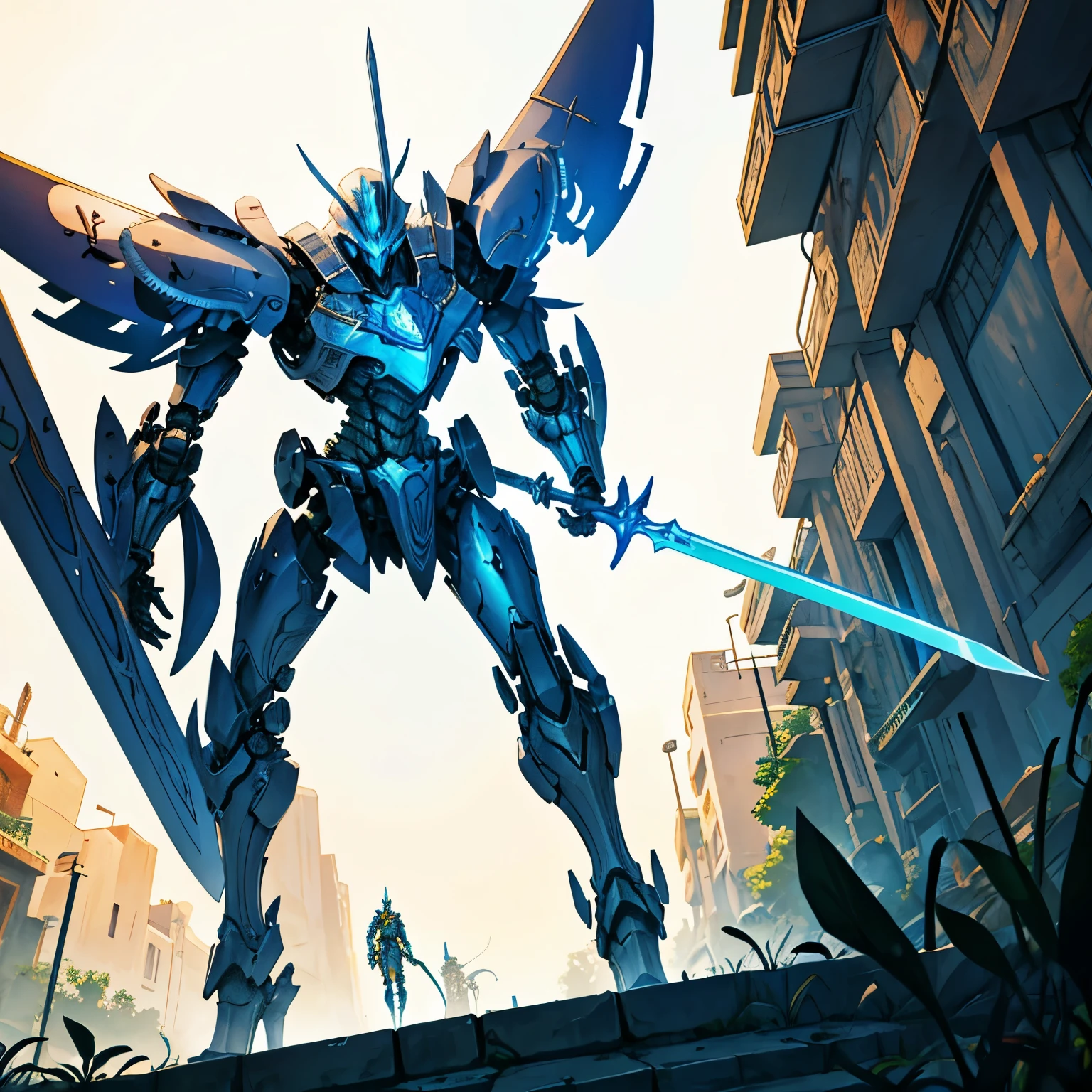 Tall Golem robot warrior with a long sword