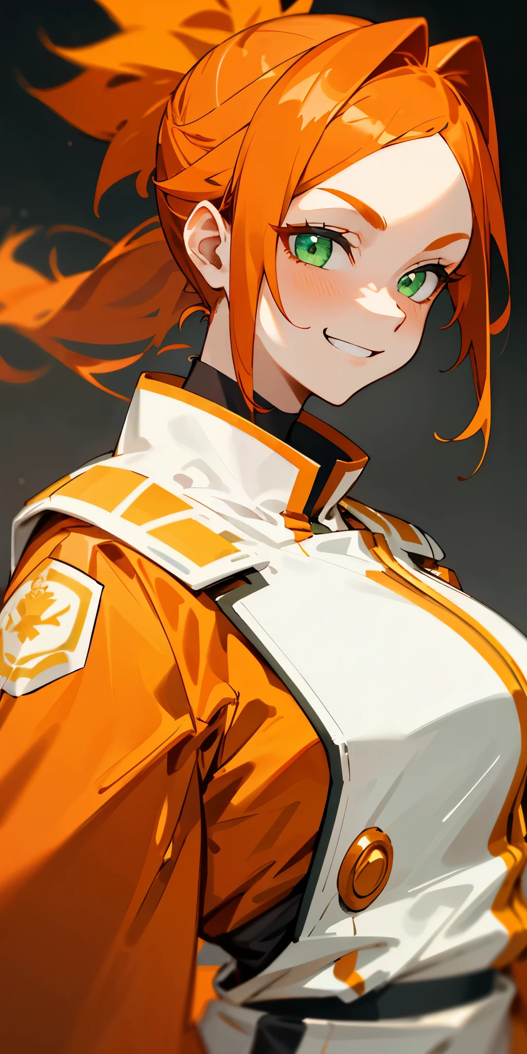 1 girl、one person、orange clothes、orange hair、ponytail、beautiful green eyes、evil smile、strong pleasure on the face、From the side、white uniform with golden decorations、upper body close-up