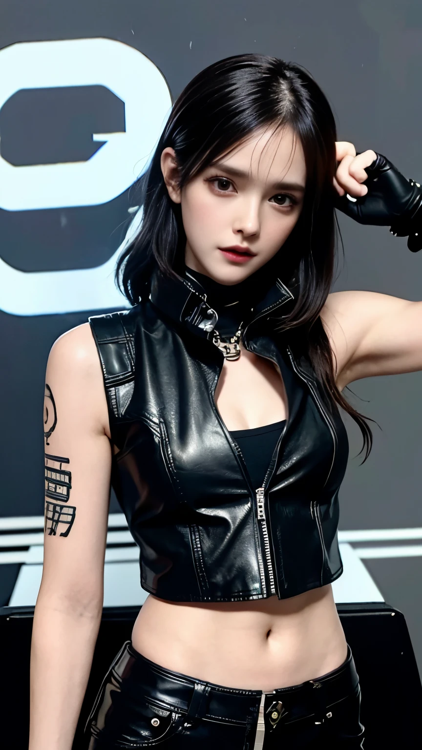 (highest quality)，masterpiece，Super detailed，8K, UHD，Beautiful woman，japanese woman，No expression，whole body，((tattoo))，slim，black leather pants，black leather vest，(female mafia)，gangster，(cyberpunk city)，night，cinematic lightening，underworld