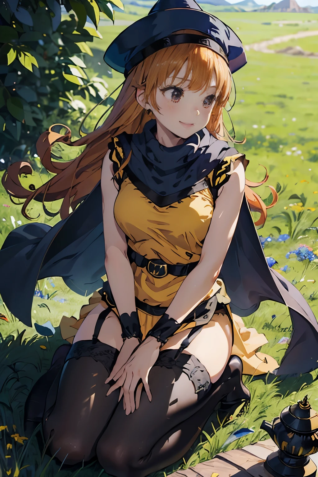 1 girl、High resolution、masterpiece、(alena-dq4、DQ4-ALENA、orange hair)、smile、profile、short height、thin thighs、small shoulder width、smile、slender、muscular、outdoor、grassland、Grass grows、(navy blue hat、cape)、((yellow dress、long skirt))、((((Sexual black panties with detailed decoration、garter belt、black tights))))、I&#39;m photographing her from below.、((raising one knee))