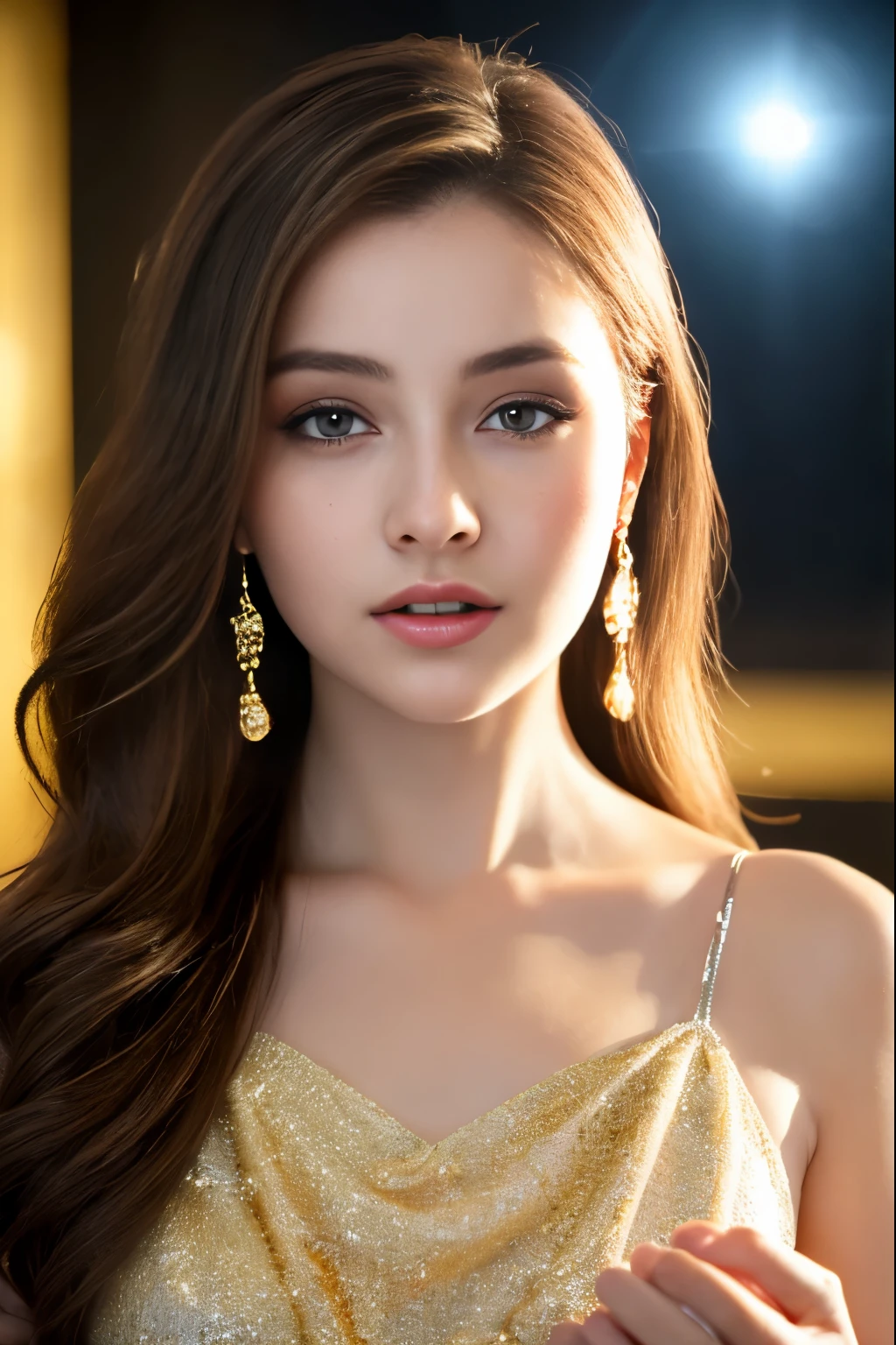 8k, Caucasian woman, beautiful wavy shiny blonde hair, most divine and beautiful face in the world, ((delicate, beautiful and very gorgeous dress made of gold and silver)), super high resolution, from the chest up, ((hands together at the chest in a gesture of worship to God)), beautiful eyes closed, pious face, beautiful delicate eyes and lips, Realistic, Very Detailed Beautiful Face and Eyes, Ultra High Quality, Very Detailed Beautiful Face and Eyes, (5 fingers) good hands, 4K, high resolution, masterpiece, top quality, ((detailed eyes)), fine skin, sharp focus, (cinematic lighting)), soft lighting, (detailed face), (((incredibly Beautiful Face))),1girl, jewelry, earrings, solo, long hair, upper body
