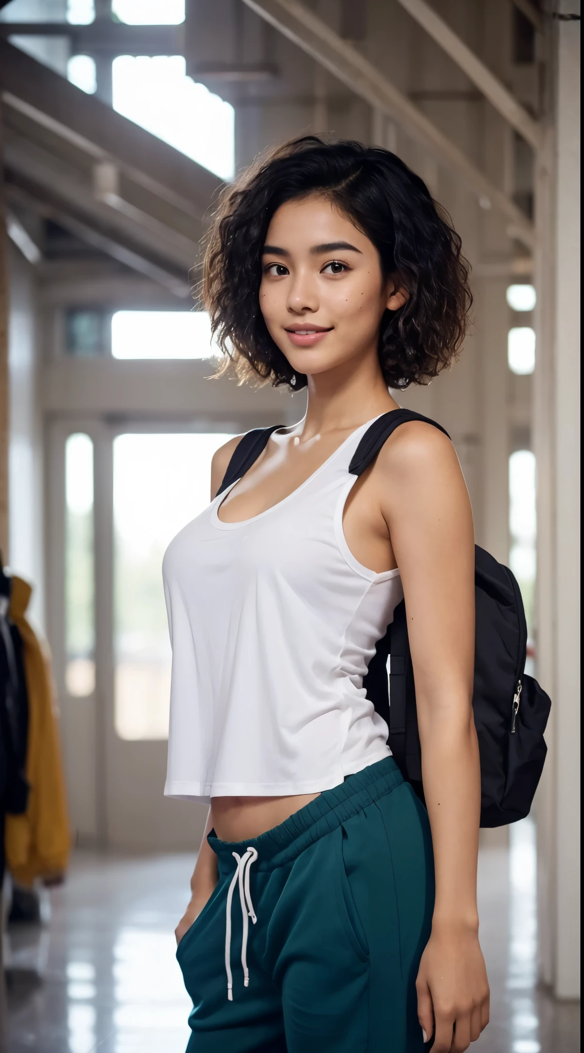 mixed Asian-african beautiful woman stands from the side in a crowded univ university hall, hands in pockets, chest forwards. She is 20. She got a perfect face, freckles, perfect big smile, seductive gaze, and beautiful eyes. Curly and Soaked short hair. She is wearing a tanktop and a jogging pants, backpack. She is thin, her legs are long, and her big chest stretches the fabric. Tomboy vibe. cleavage.