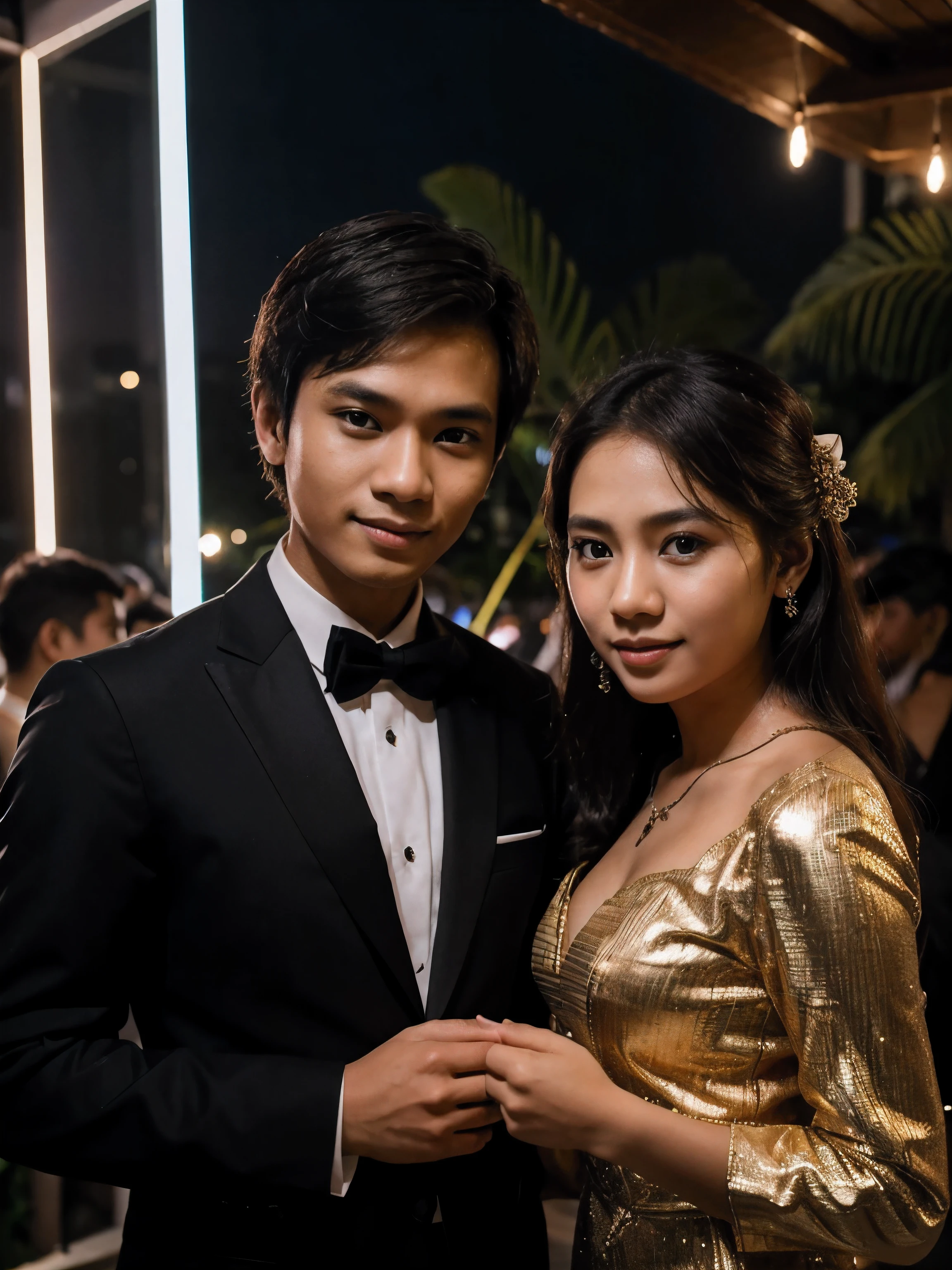 photo of a young couple from Indonesia in formal clothes taking a photo together at a party at night. photography, super detailed, realistic, ultra HD, 8K Resolution, facial details.