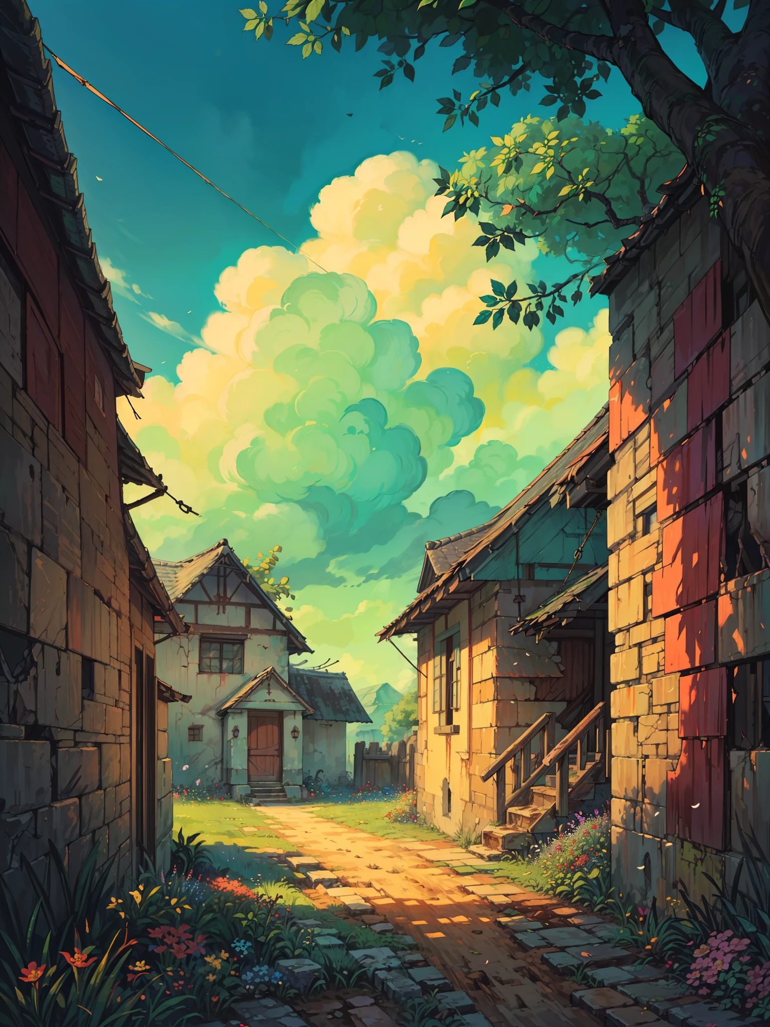 (masterpiece:1), (wide view:1.7), (an old faded indian hut:1.6), (village:1.3), (banyan tree:1.5), (day time:1.3), silence, (blue cloudy sky:1.4), (muddy path:1.5), (soft glow of vibrant tones:1.4), (flowers coming out cracked wall:1.5), magnificent sky, (volumetric light:1.2), peaceful, (beautiful color palette:1.5), (stones:1.3), (stairs:1.3), (plant pots:1.5), (swing tied with tree:1.4), (beautiful aesthetics:1.2), (calm:1.4), beautiful tones, subtle colors, peaceful, (illustration: 1.0), epic composition, realistic lighting, (no human:1.6), HD details, masterpiece, best quality, ,