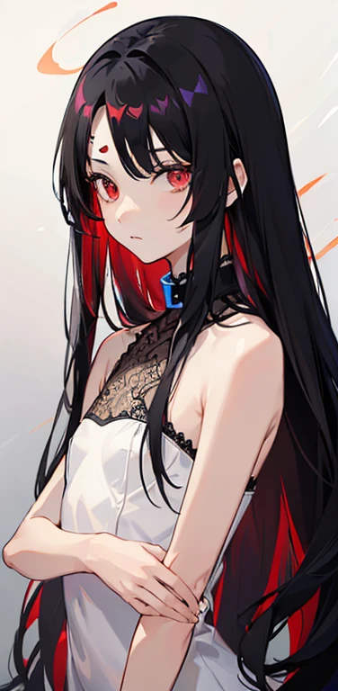(8K、highest quality、masterpiece:1.2)、anime coloring、super resolution、Realistic、(1girl) 、(black hair to carmine hair gradient hair,long straight hair:1.5)、(open stance),(red eye,glowing eyes:1.3),(messy hair:1.5,forehead:1.5),(portlate:1.3、face focus,upper body:1.5),(lace Dress with open chest: 1.3),
(clear face:1.3),(cute face),(flat chest:1.2),gradient background、(slender:1.3)