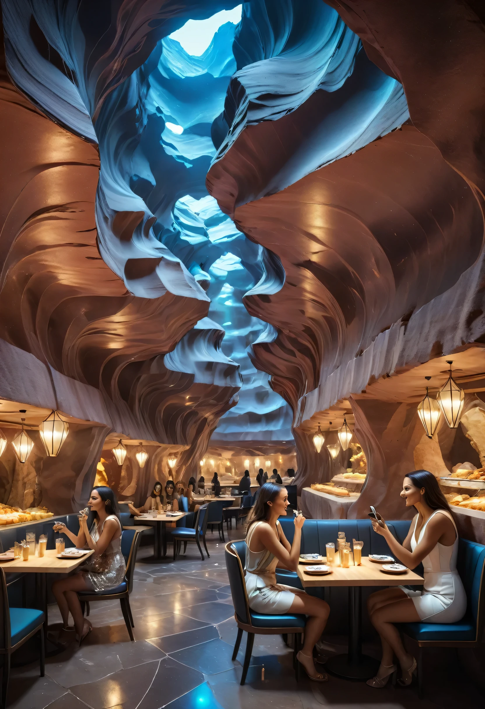 3 girls eating in front table, taking selfie. friends with shopping bags, eating inside of lobby antelope canyon like cafe of ((Masterpiece))underground cave city, gray rocky surface which is covered with a thick layer of dust, futuristic sci-fi masterpiece, cybernetic residential beehive pod architecture designs carved inside of grand canyon caves, luxury cafe, realistic ,intricate, detailed ,modern, neo cave centric design,rocks,blue fountain, waterfalls,desert caves, organic futurism, indigenous futurism,futuristic vision, architecture styles of Rem Koolhaas,Daniel Libeskind, Jean Nouvel, Paolo Soleri, upstairs, balconies, futuristic facades, trending on art station, beautiful lighting,masterpiece, fantasy, intricate, award winning, 4k, highest quality render model:Real , heart shaped architecture ((masterpiece)),((best quality)),((high detail)),((realistic,)) Futurist era city, architectural streets, bazaars, cyberpunk, buildings, night, neon, summer, hot desert，Magnificent space image scene heavenly body 8K，super-fine, rocky walls. friends in blue eating in cafe. cafe bustling with people. people sitting in cafe.